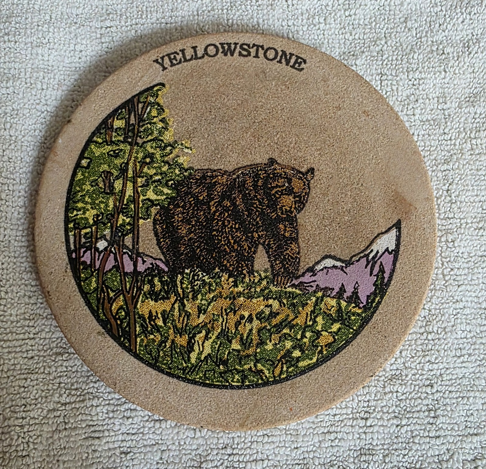 Set Of 2 Round Yellowstone National Park Bear & Bison Sandstone Coasters 4″
