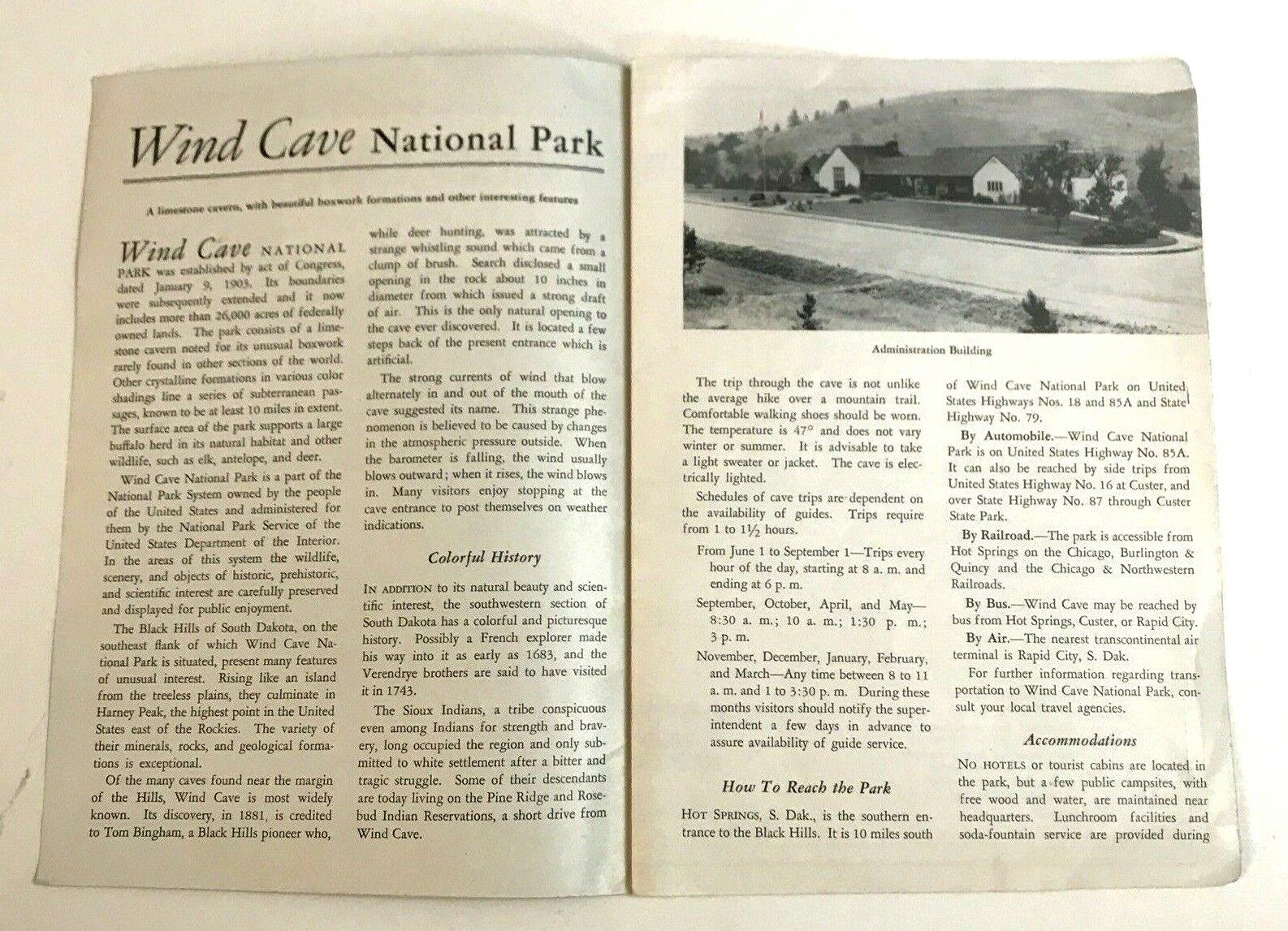 1949 Wind Cave National Park National Parks Service Guide Brochure