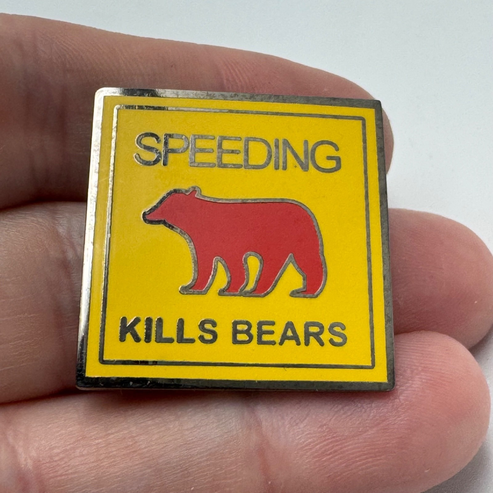 Speeding Kills Bears Lapel Pin Warning Sign Red Bear Graphic Yellow