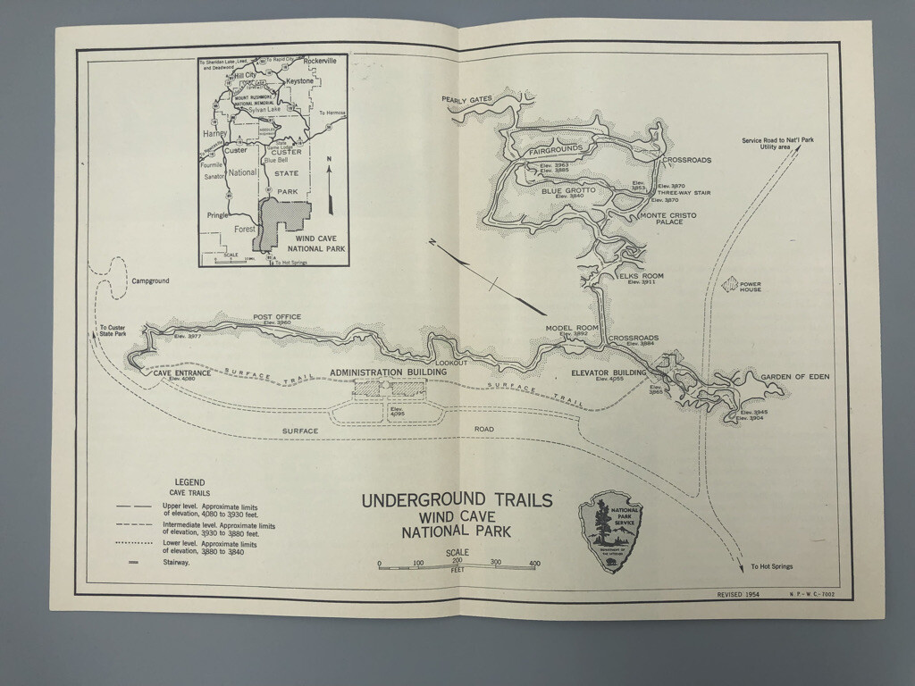 1954 WIND CAVE NATIONAL PARK South Dakota BUFFALO Map Vintage Travel