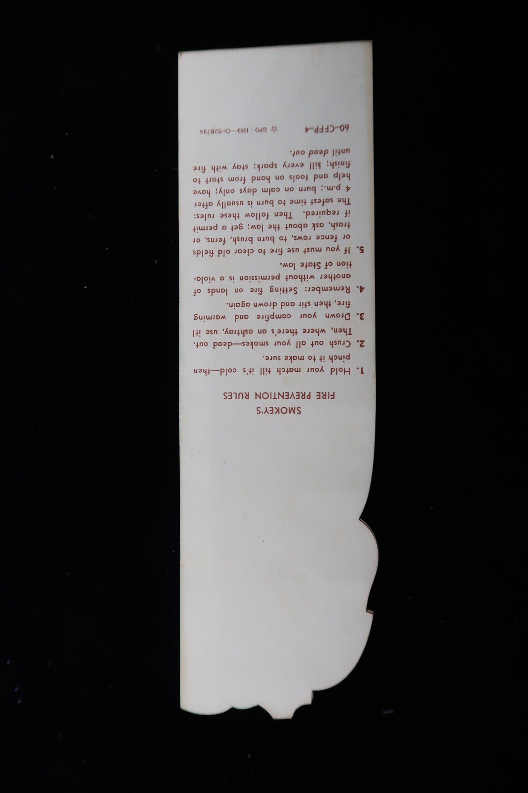 Vtg 1959 US Gov SMOKEY BEAR Bookmark Forest Fire Prevention Rules Die Cut Rare