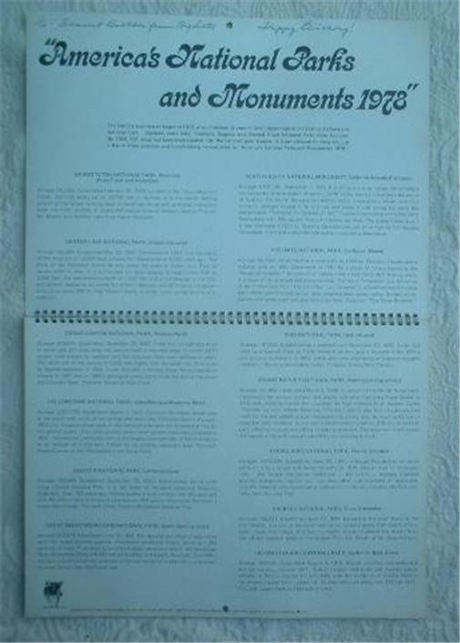 1978 AMERICA’S NATIONAL PARKS & MONUMENTS PICTORIAL CALENDAR ~BIG BEND YOSEMITE+