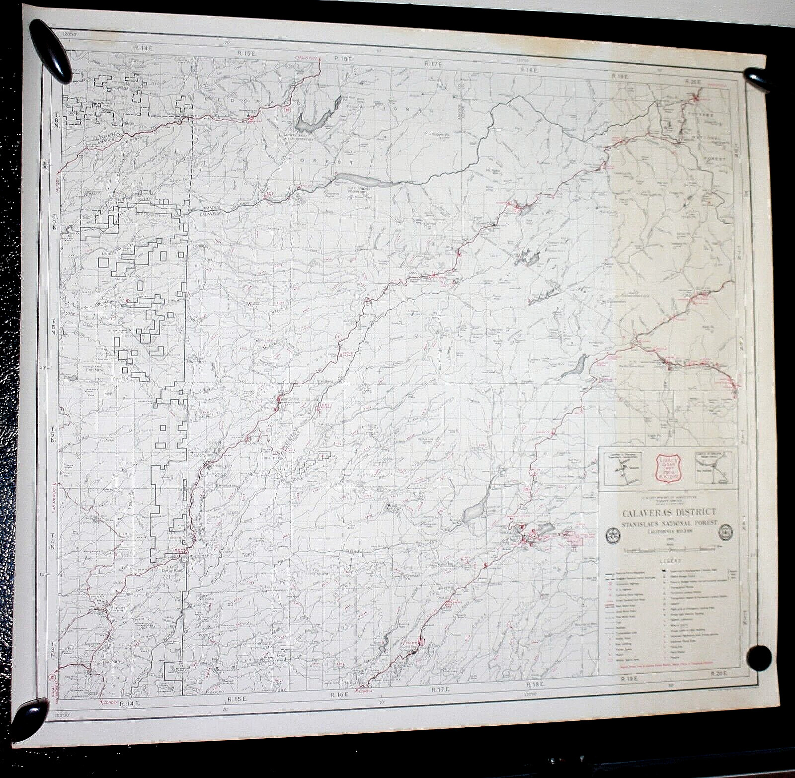 Vintage 1962 US Forest Service Map-CALAVERAS District, Stanislaus Forest 18×20
