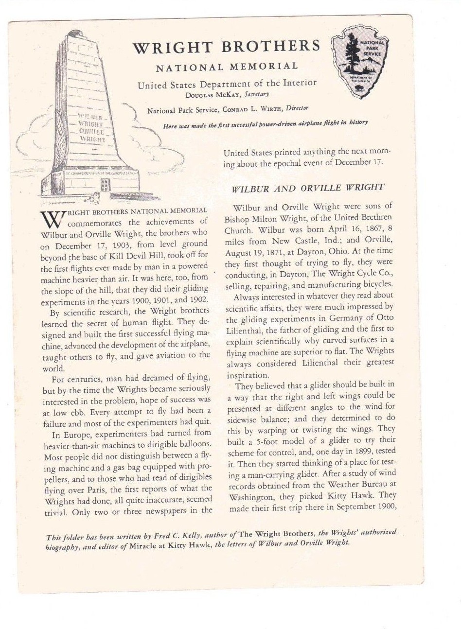 Vtg 1954 Wright Brothers National Memorial North Carolina NPS Brochure Pamphlet