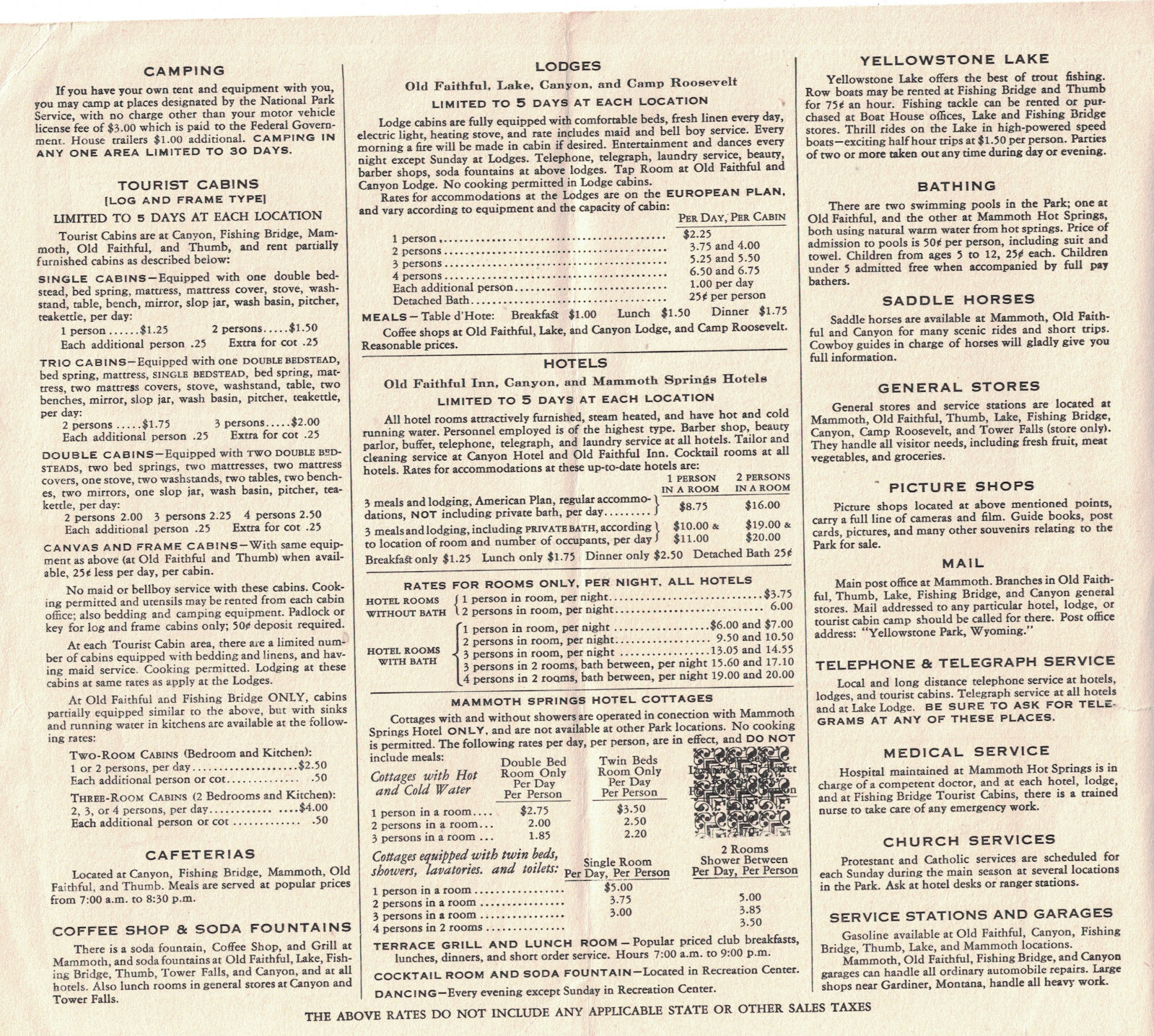 Yellowstone Park Accommodations Services Rates Brochure w MAP 1949