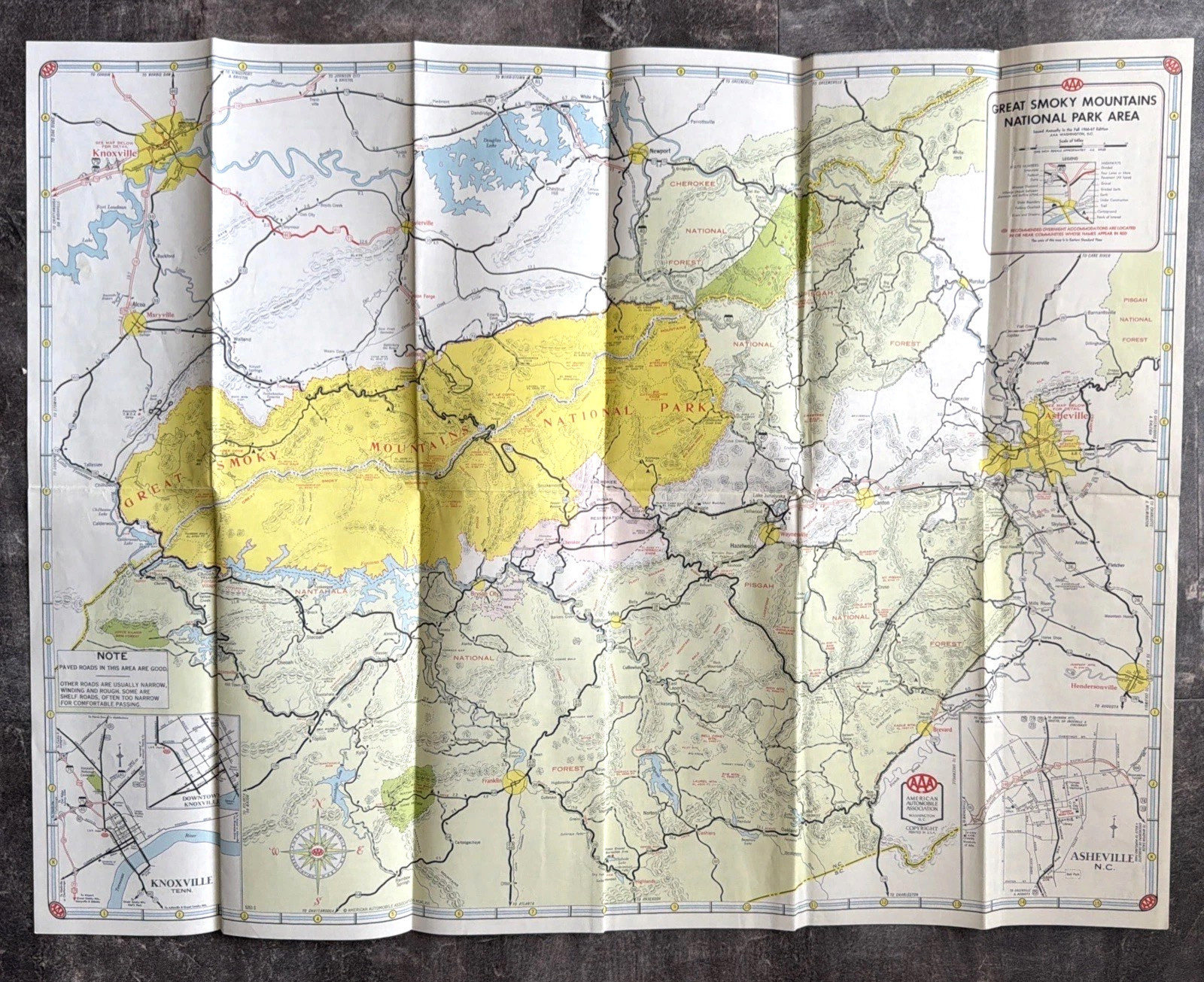 Vintage AAA Travel Map GREAT SMOKY MOUNTIANS National Park ~ 1964-1965 Edition