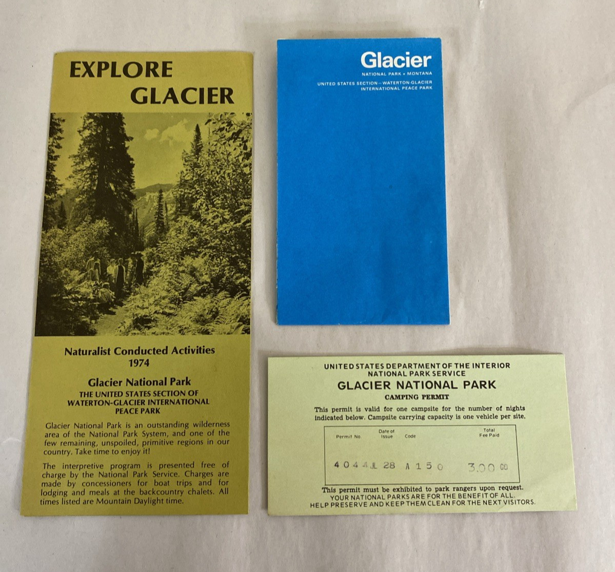 1974 Glacier National Park Ephemera Lot: Brochure Map + Camping Permit Notes