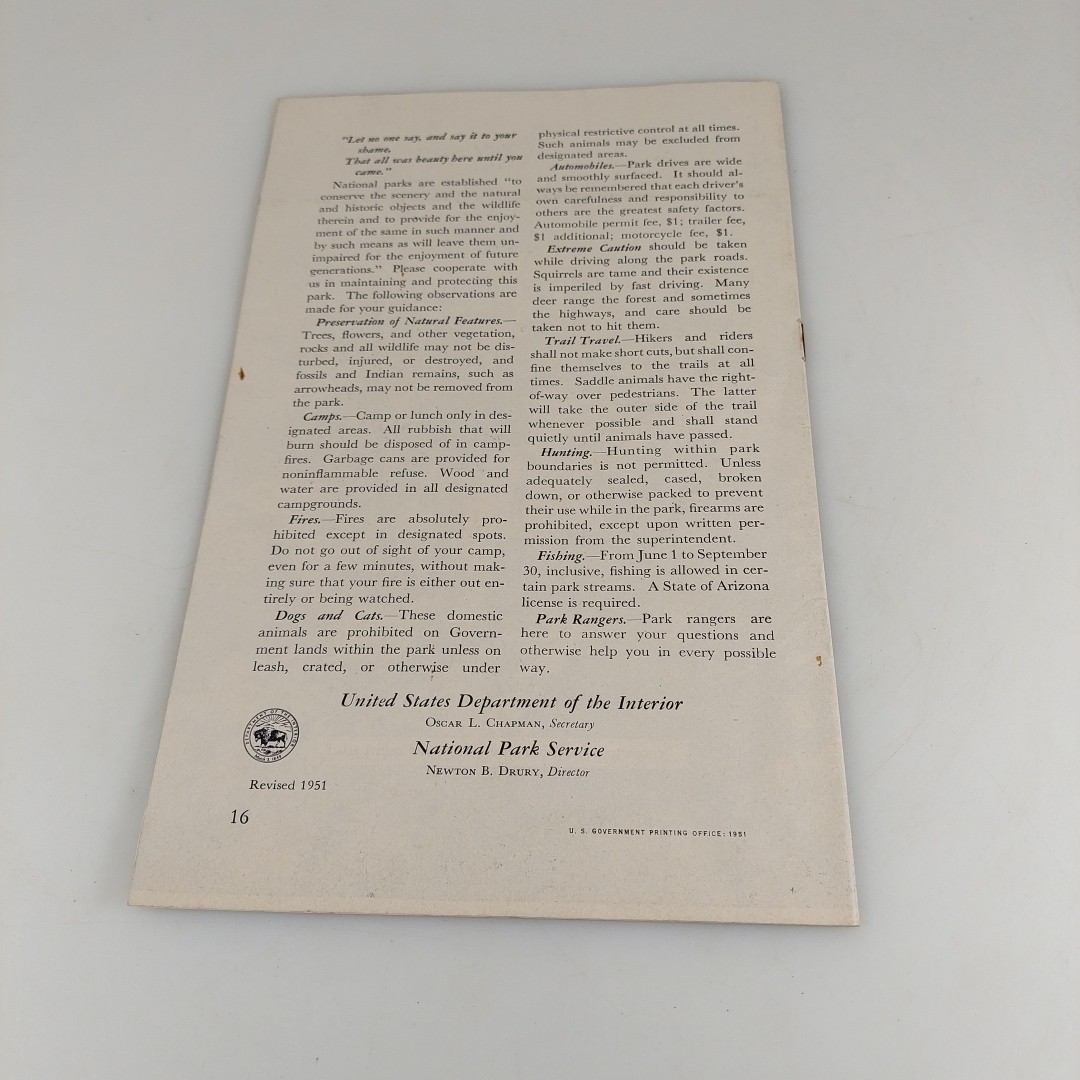 Grand Canyon National Park Arizona Visitors Guide Brochure Revised 1951