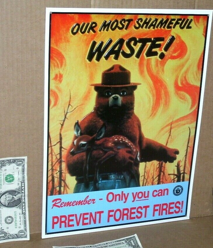 SMOKEY THE BEAR — Saving Deer From FOREST FIRE — Embossed Tin Metal Sign -NICE