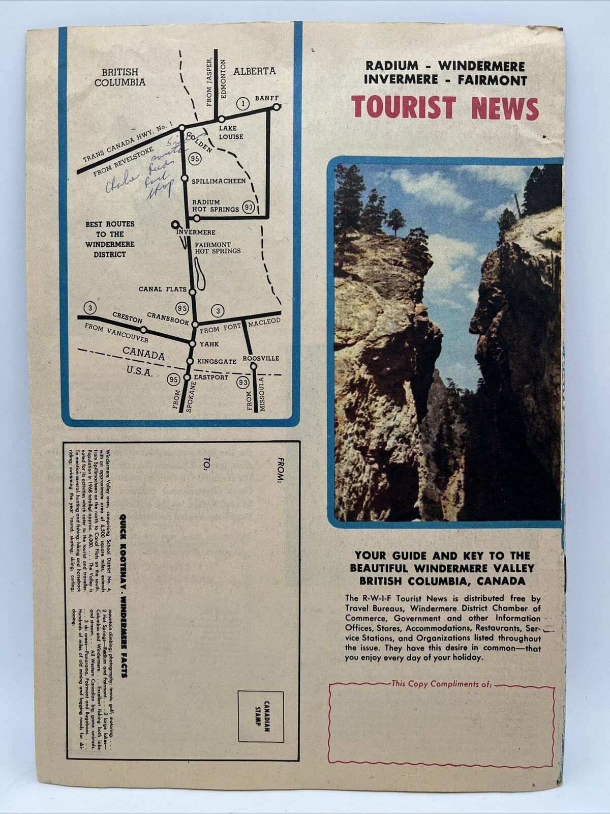 1968 TOURIST NEWS KOOTENAY NATIONAL PARK WINDMERE VALLEY BC CANADA Brochure Map