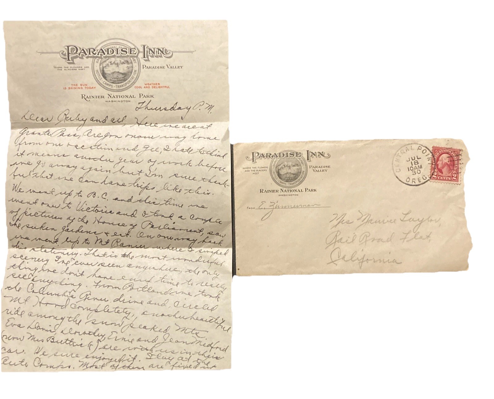 1900’S STATIONERY LETTERHEAD & Ltr. PARADISE INN RAINIER NATL PARK TACOMA WA