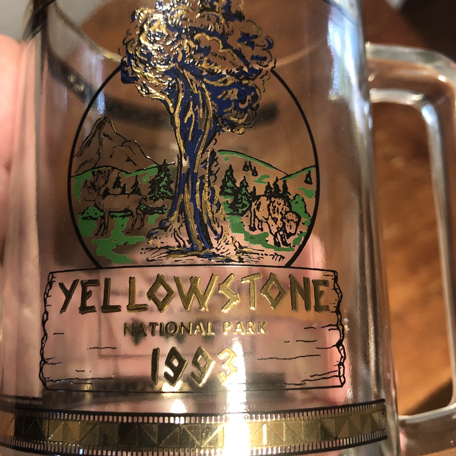 Vintage Yellowstone National Park Glass Beer Mug Stein 1993 Gold Beautiful Rare