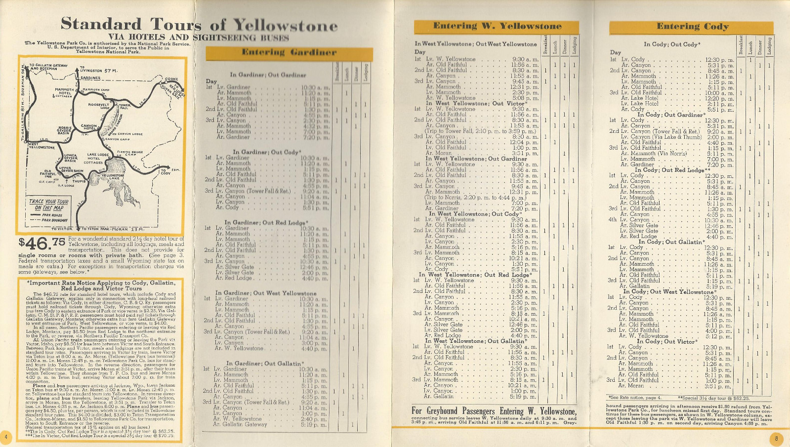 Yellowstone National Park 1953 Foldout Brochure Lodging Photos Tours Small Map