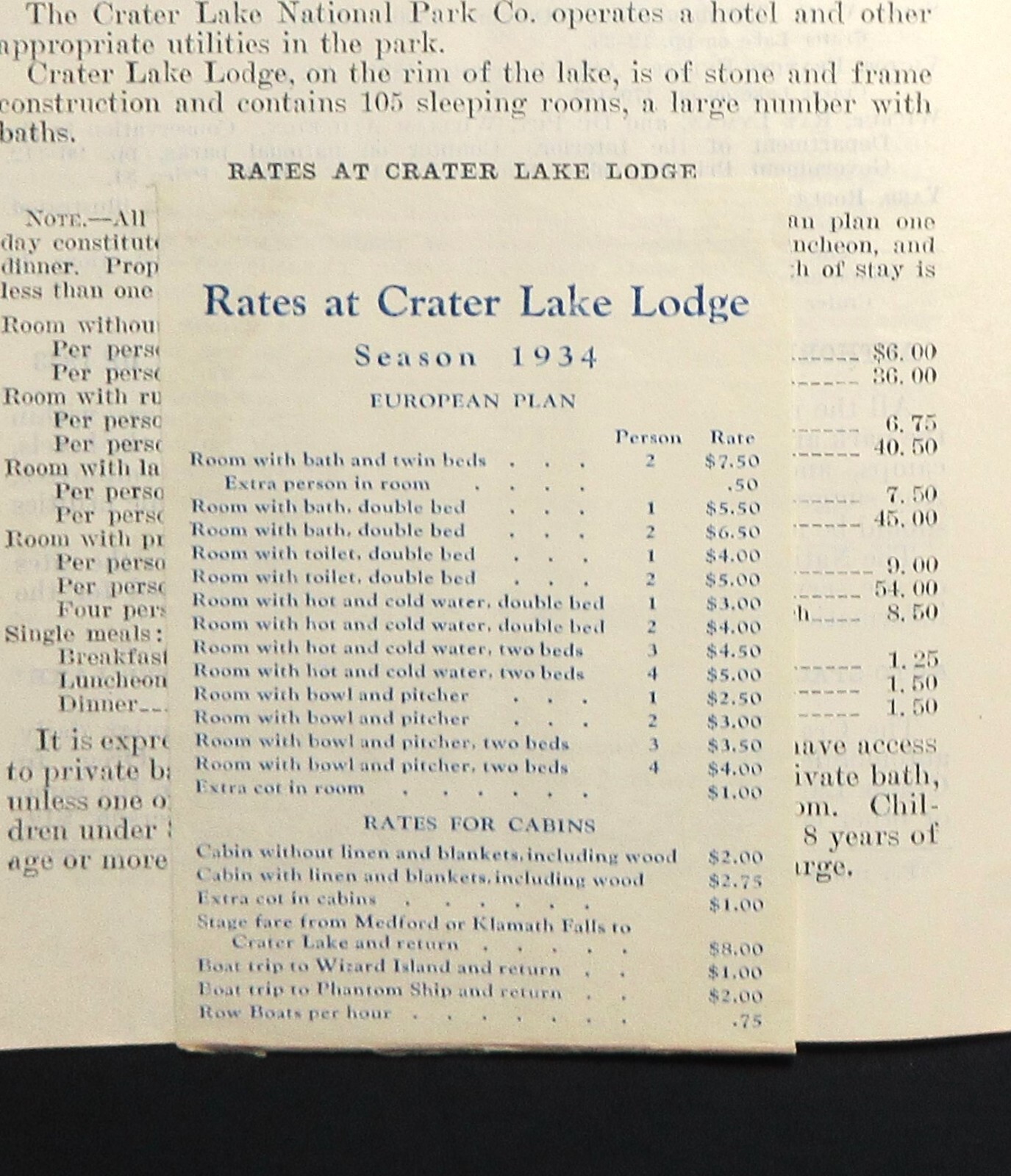 1933 Crater Lake National Park Guide Pamphlet with Map and 1934 Room Rate Update