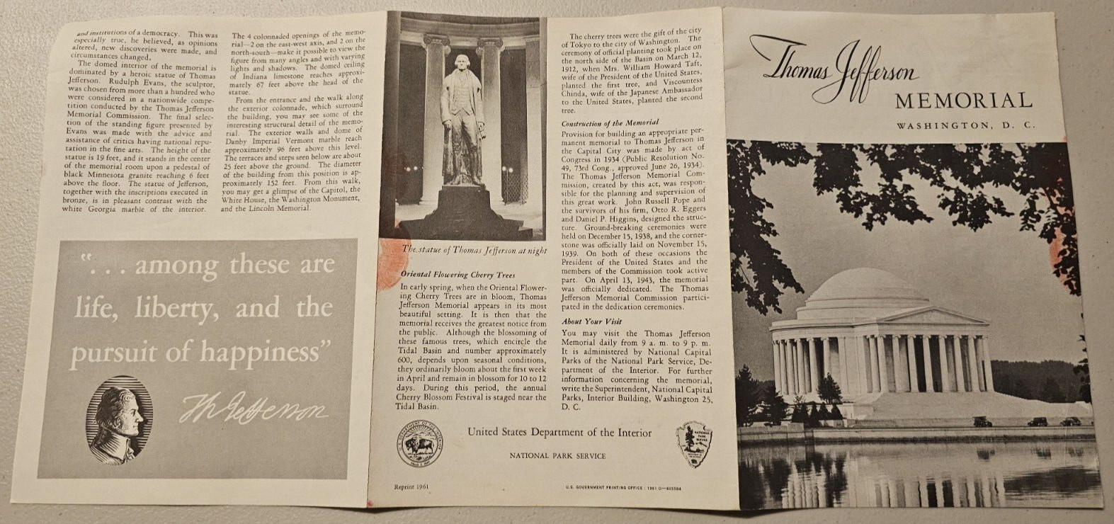 Official 1961 National Park Service JEFFERSON MEMORIAL Pamphlet Washington D.C.