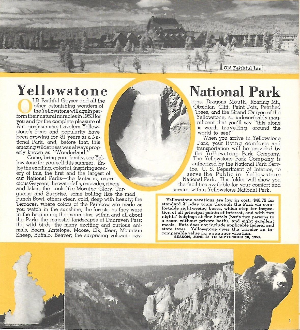 1953 YELLOWSTONE NATIONAL PARK Folder “A” Sightseeing Tours Hotels Photors Map