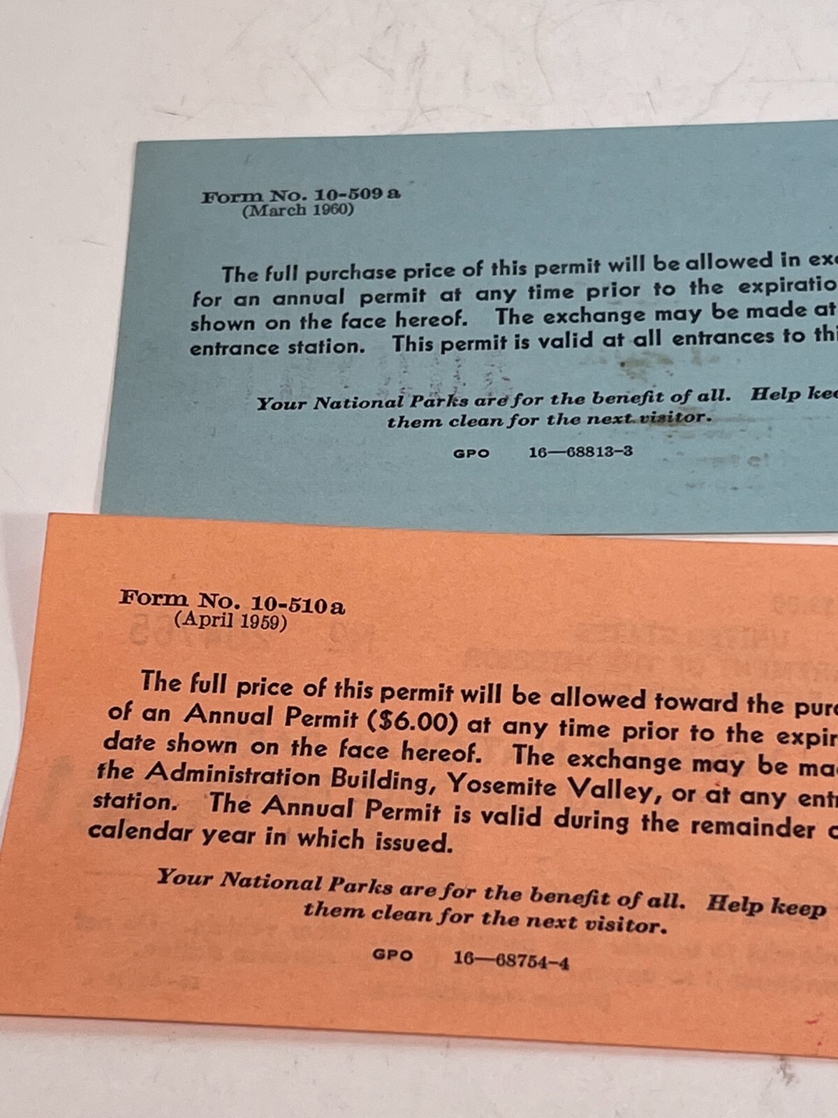 1961 Sequoia Kings Canyon Natl Park parking ticket & Yosemite Natl Park ticket.