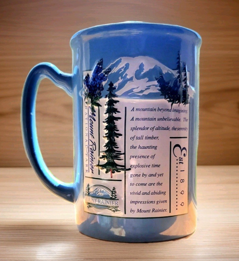 Mount Rainier National Park 14oz Souvenir Poem Coffee Mug Cup Blue Vtg 1990s