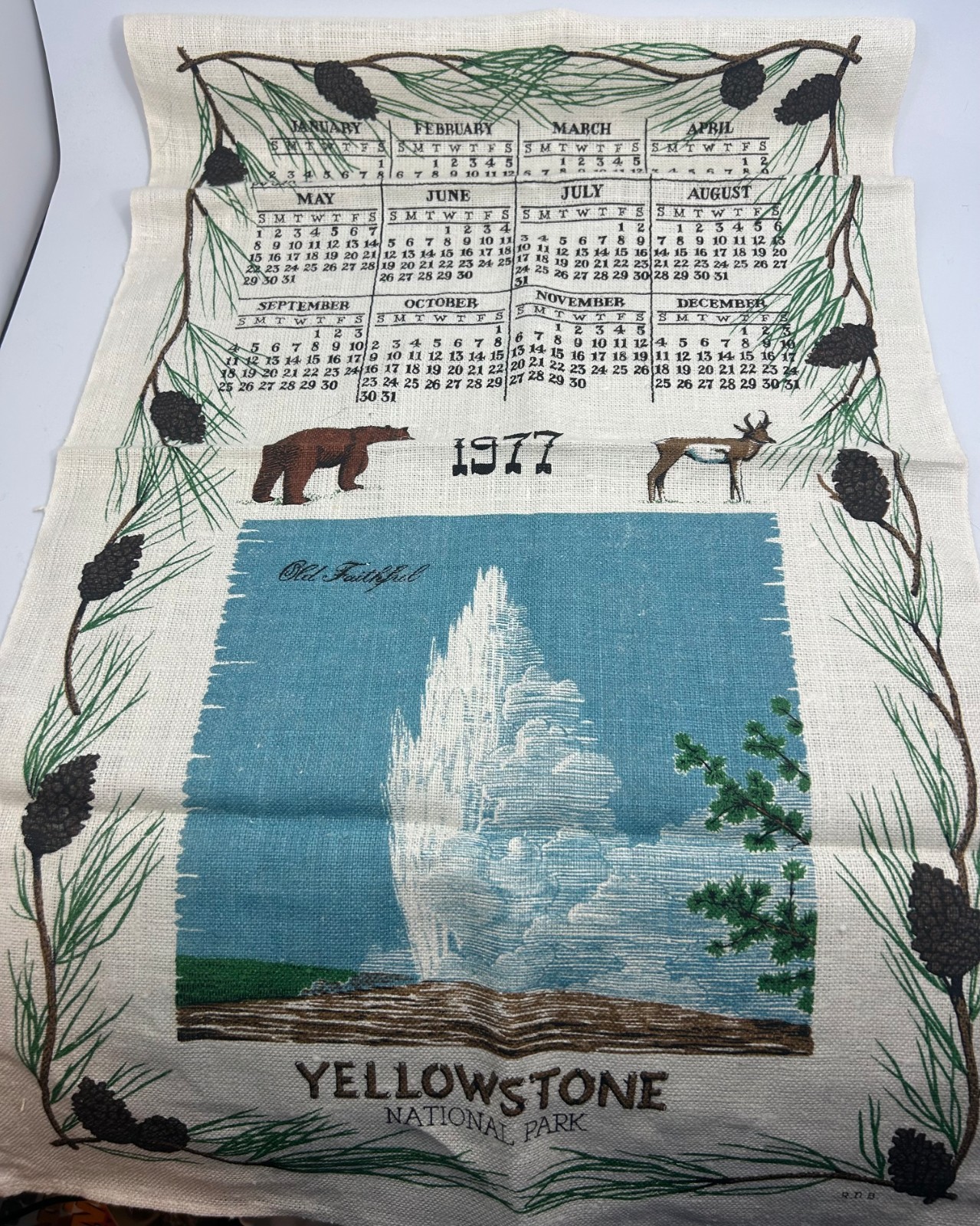Vintage R.D.B Yellowstone National Park Calendar 1977 Wall Hanging