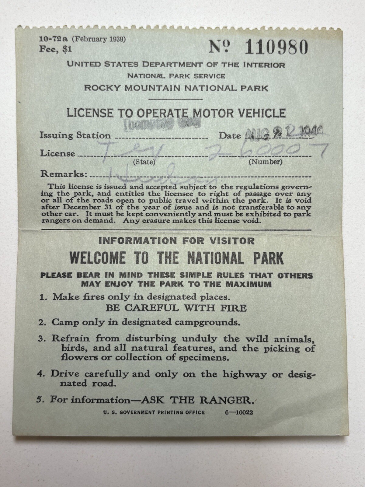 Vintage License: 1940 Motor Vehicle Operation – Rocky Mountain National Park