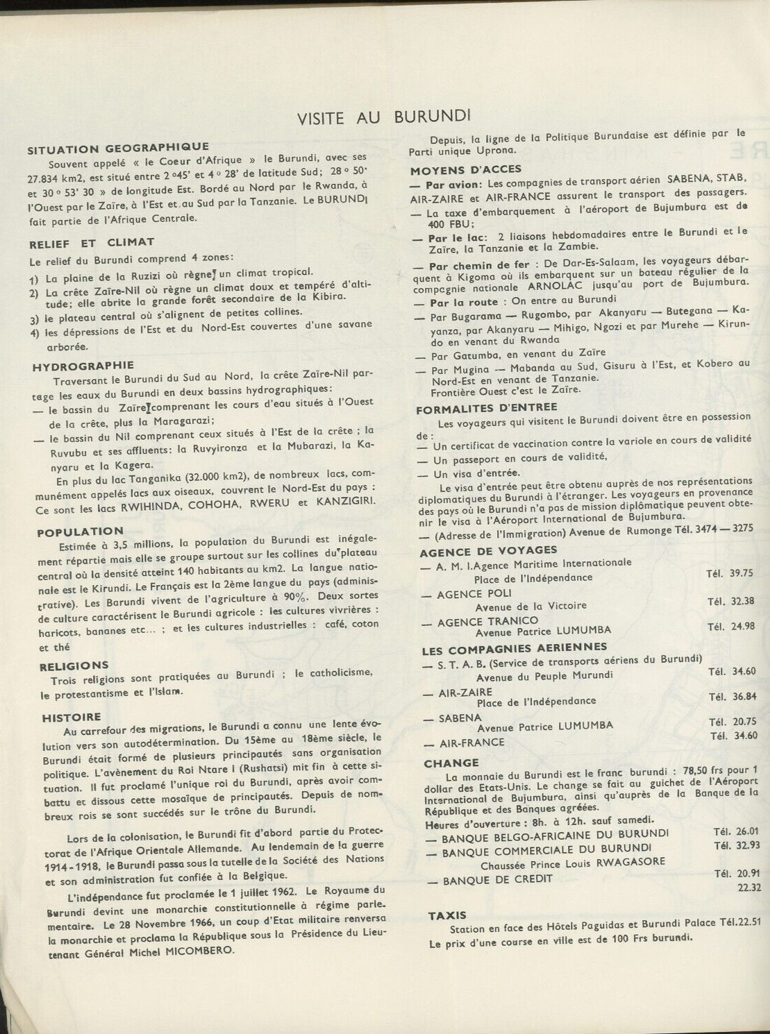 1974 Office of National Tourism Burundi Tourism Brochure and Map