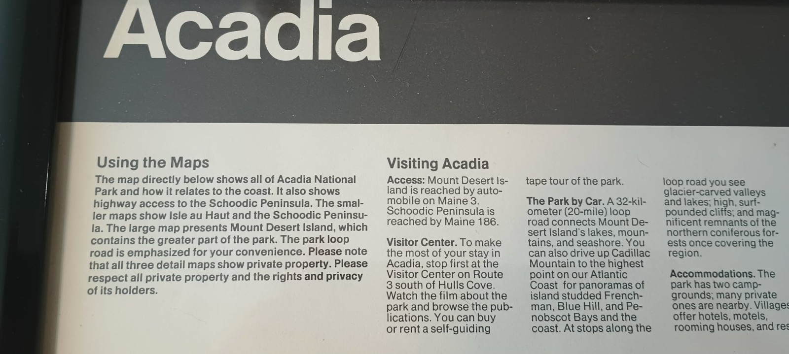 Framed Acadia National Park Map/Brochure 1987 Mount Desert Island Maine 19 x 25