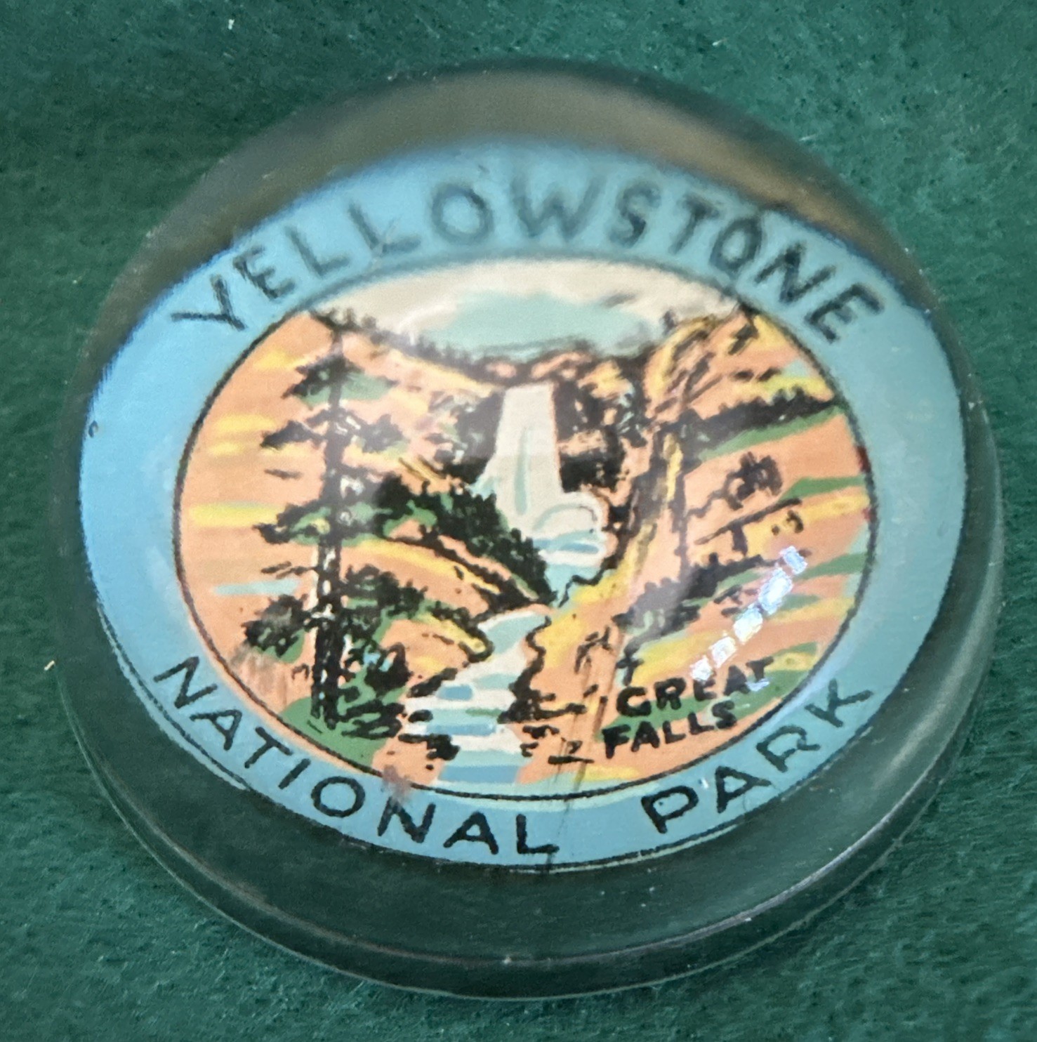 Vintage Yellowstone National Park 3” Glass Dome Paperweight Great Falls Circular