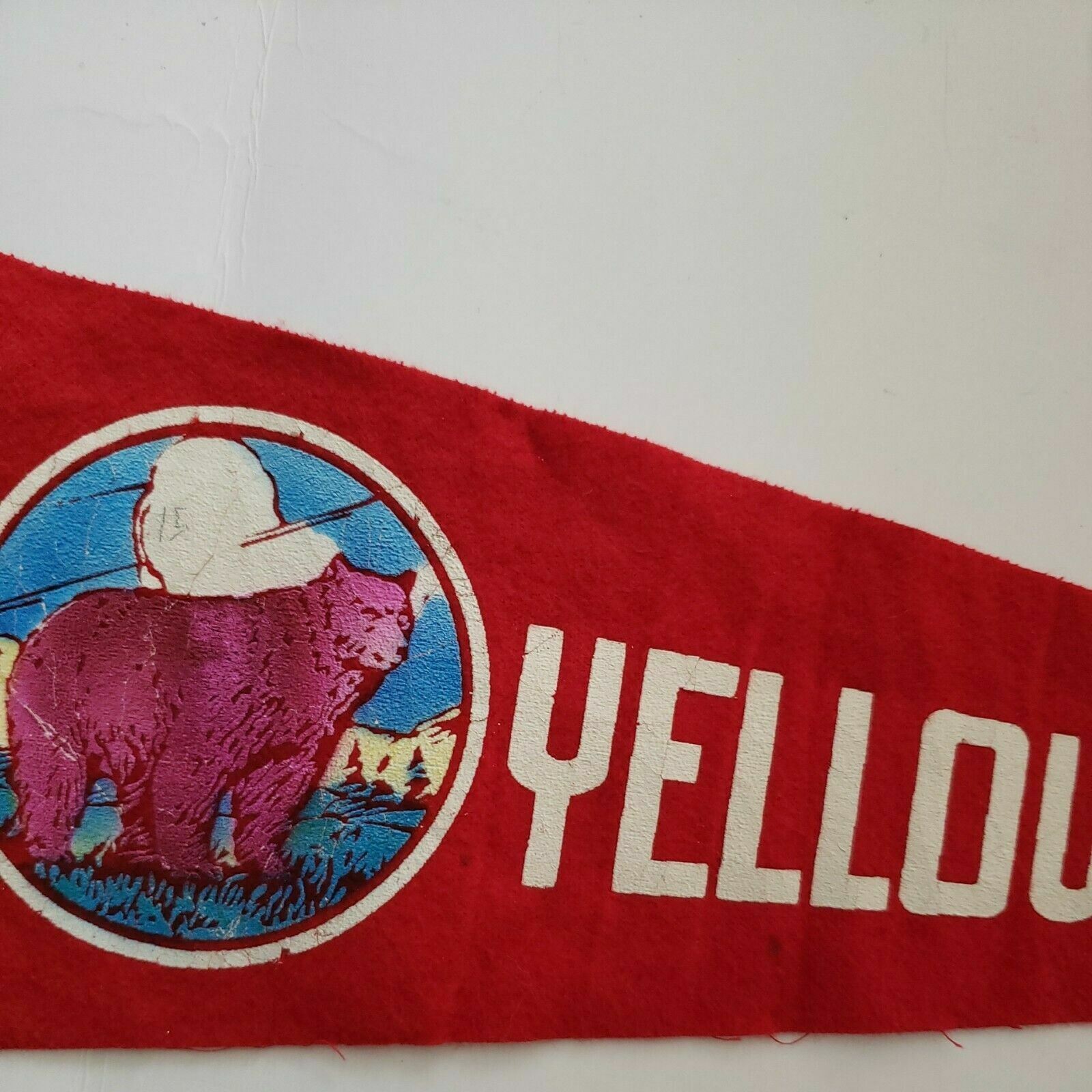Vintage red felt Yellowstone National Park Bear travel souvenir banner pennant