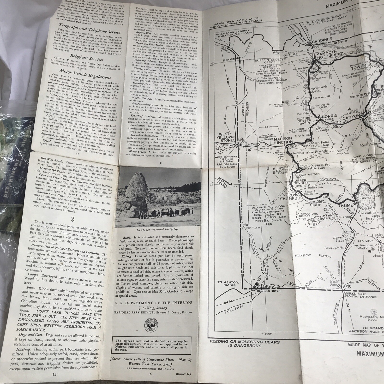 Vintage Yellowstone National Park Map Guide Brochure 1949