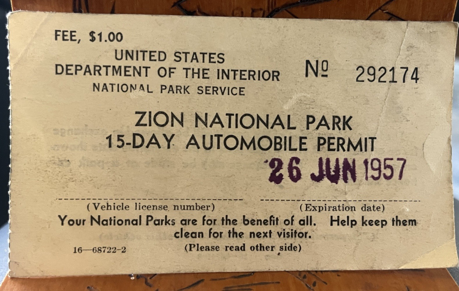 1957 Zion National Park 15-Day Automobile Permit US Department Of Interior NPS