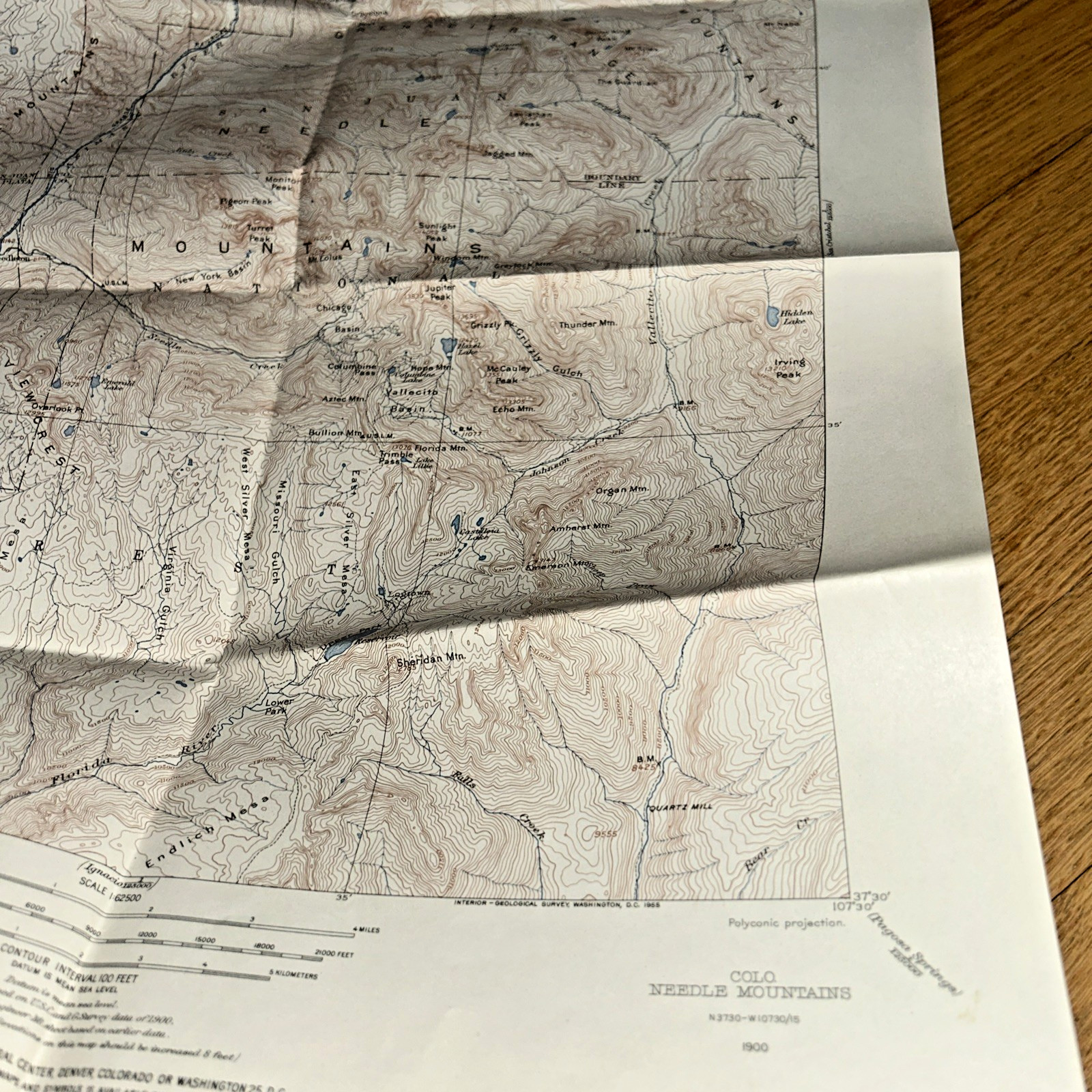 1960s COLORADO NEEDLE MOUNTAINS U.S. GEOLOGICAL SURVEY Map 17″ X 21″