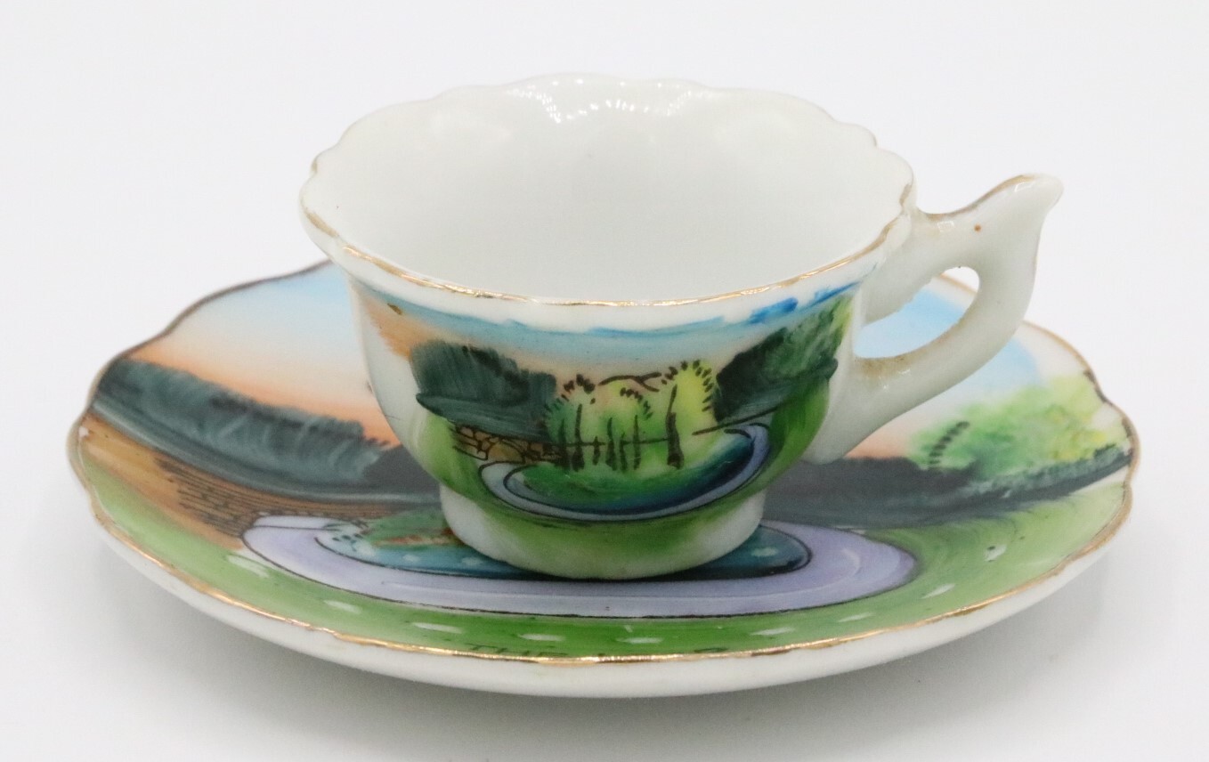 Nico Japan Miniature Great Smoky Mountains Cup Saucer Vtg Hand painted Souvenir