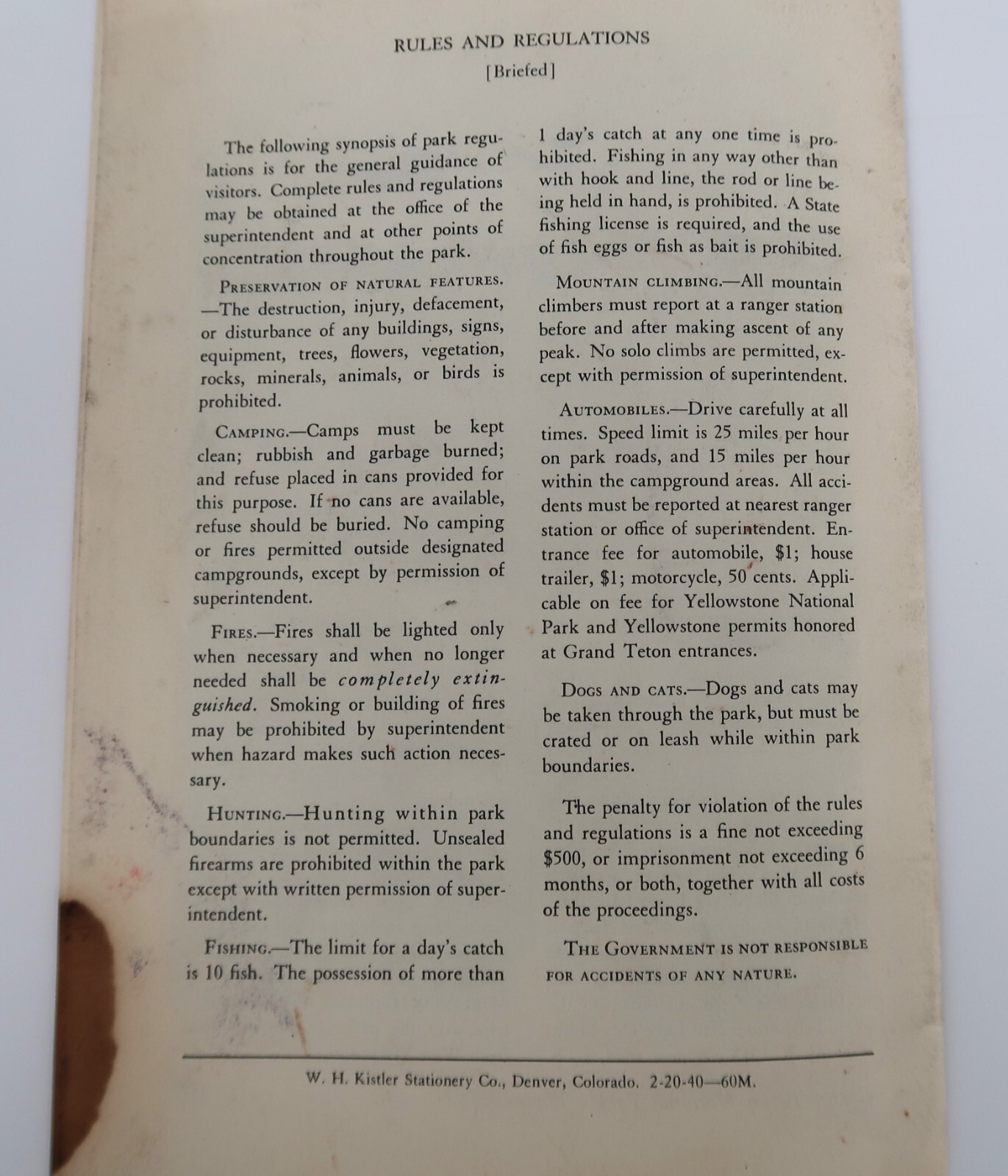 Vtg Grand Teton National Park Wyoming booklet 1940 Dept of Interior Ephemera