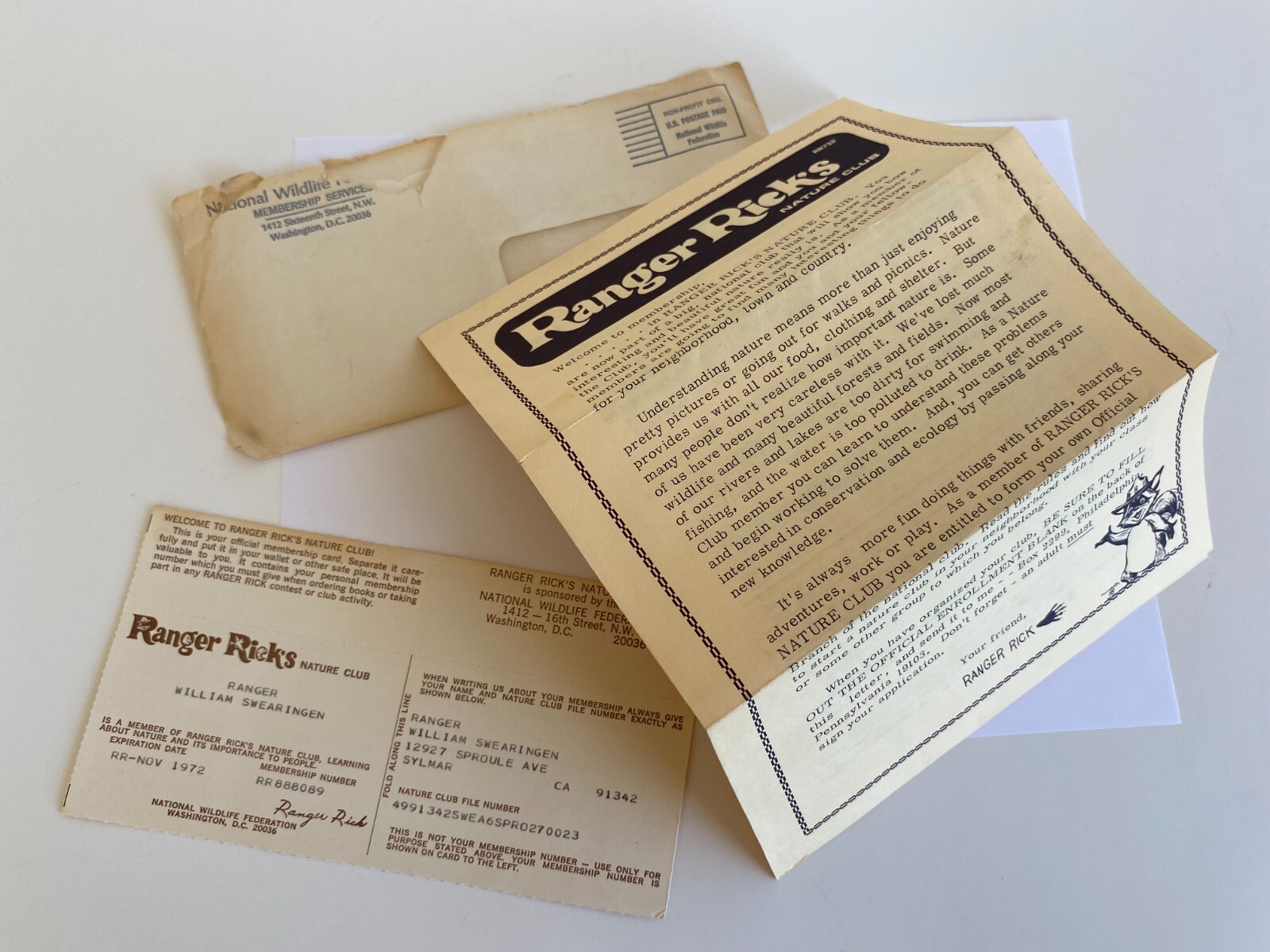 Vintage RANGER RICKS NATURE Club-MEMBERSHIP CARD/Letter-National Wildlife 1972