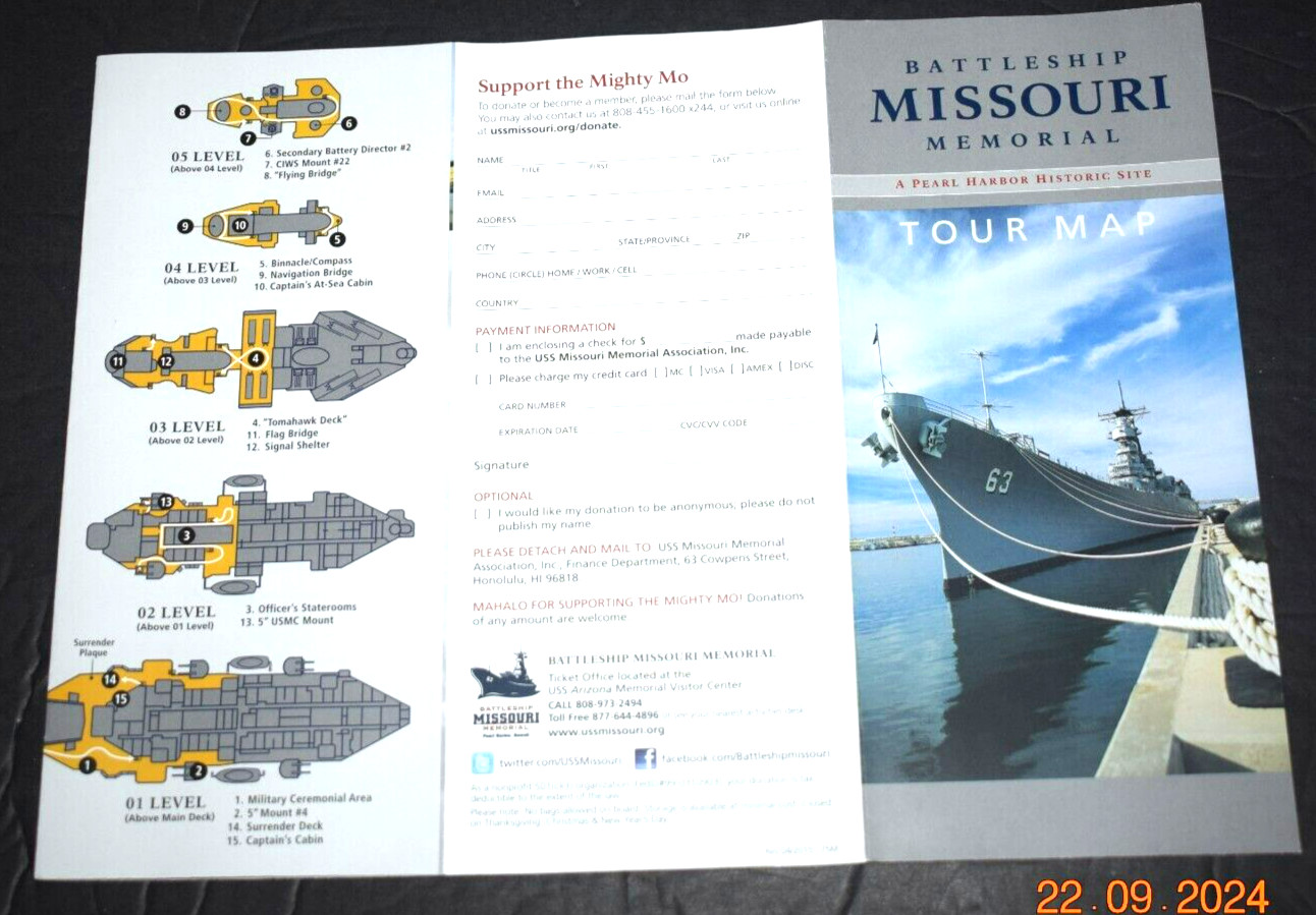 BATTLESHIP MISSOURI MEMORIAL “Tour Map,” Pearl Harbor (4″ x 9″ folded) Brand New