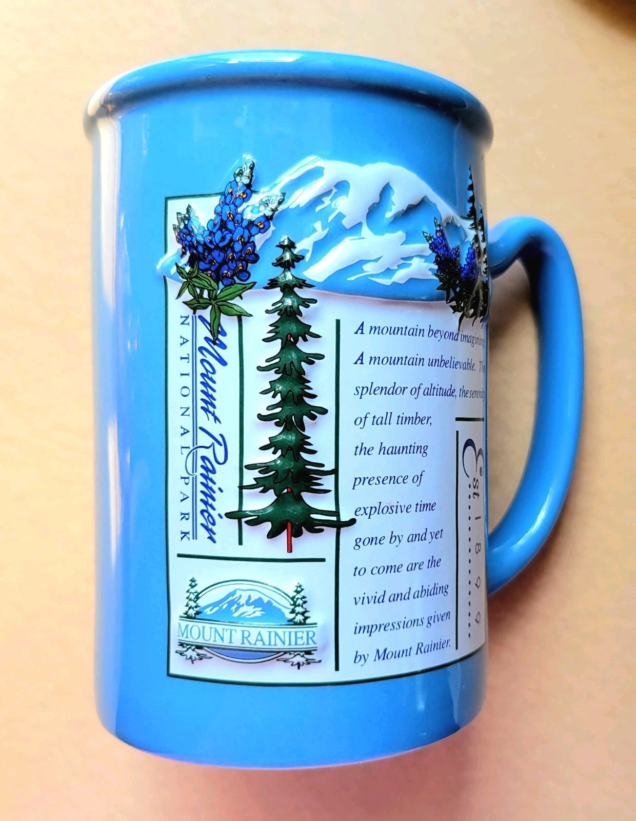 Mount Rainier National Park 14oz Souvenir Poem Coffee Mug Cup Blue Vtg 1990s