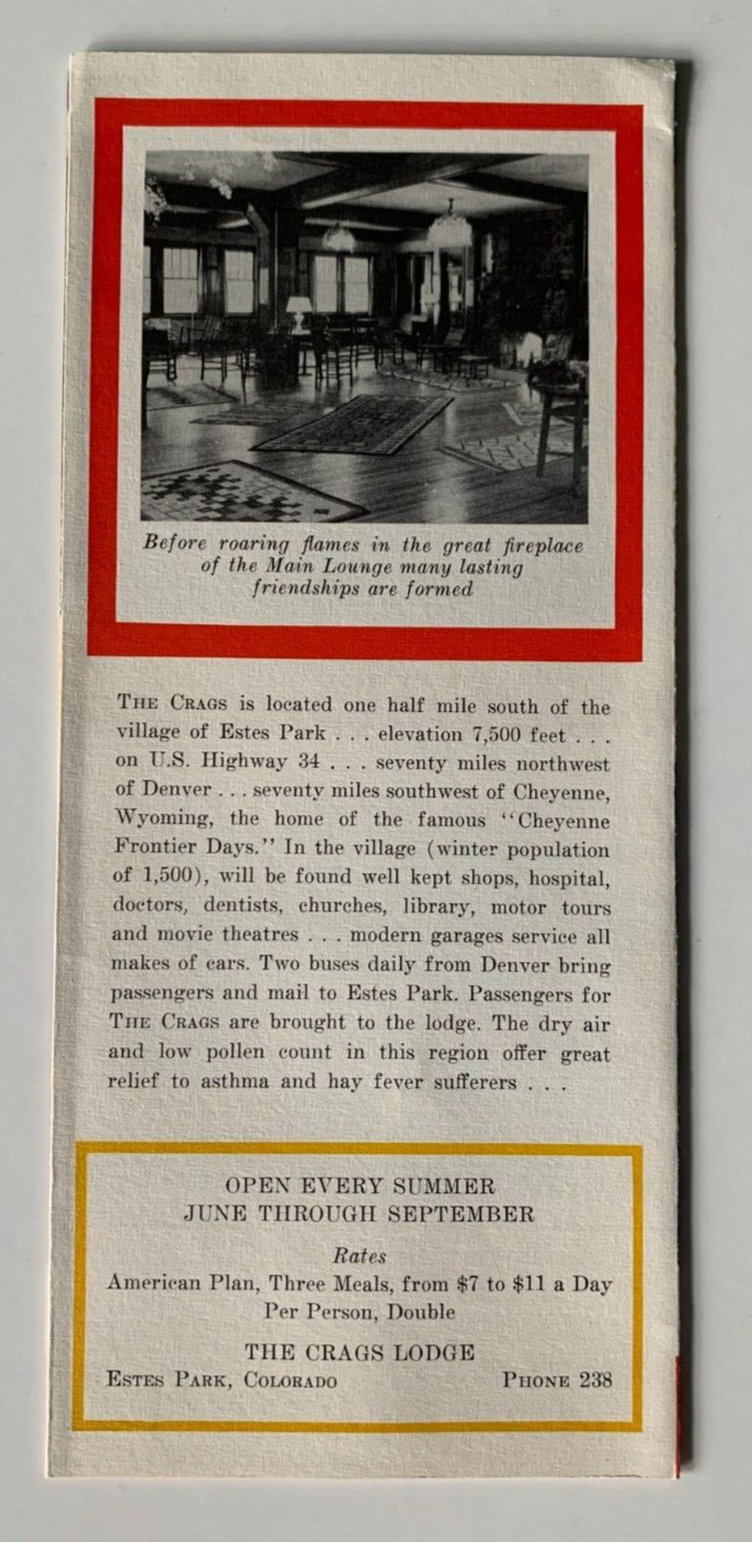 Vintage 1953 Estes Park Colorado Crags Hotel Brochure Letterhead & Rate Card