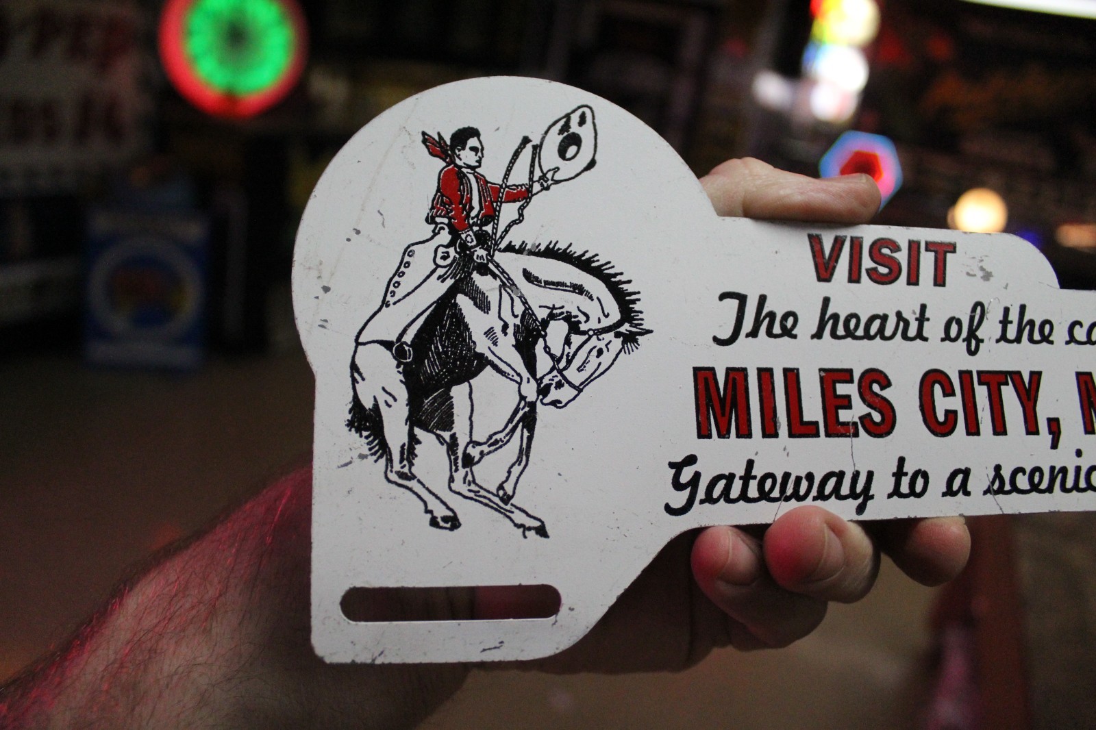 RARE 1950s MILES CITY MONTANA STAMPED PAINTED METAL TOPPER SIGN COWBOY HORSE