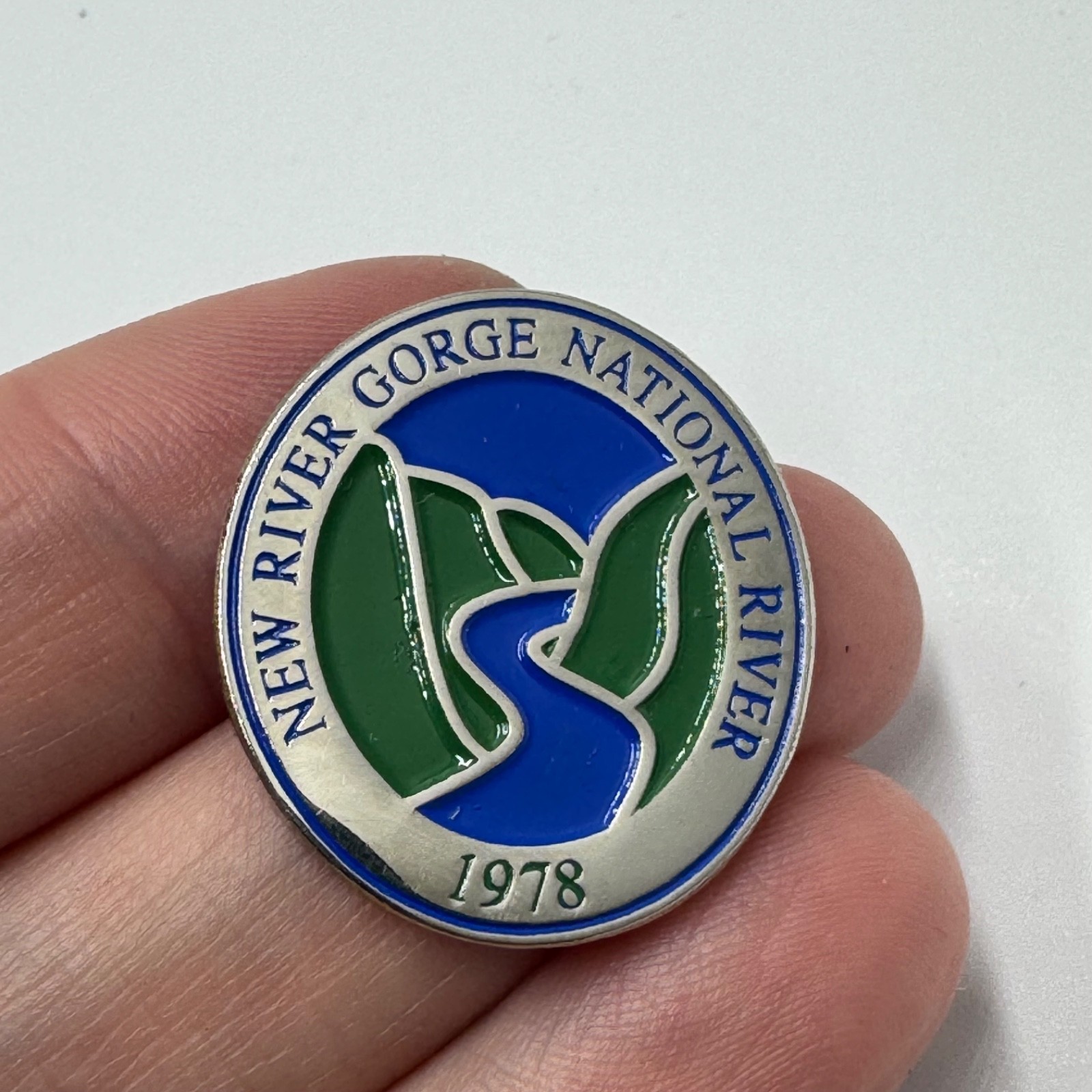 Vintage New River Gorge National River 1978 Round Blue Green Enamel Lapel Pin