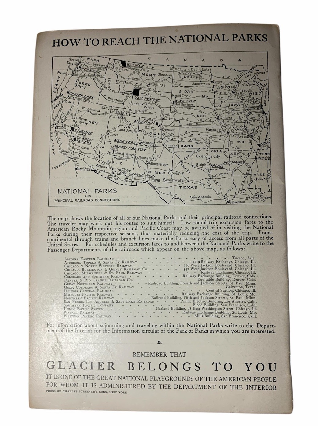 “Glacier” National Park Montana U.S Department of The Interior Booklet