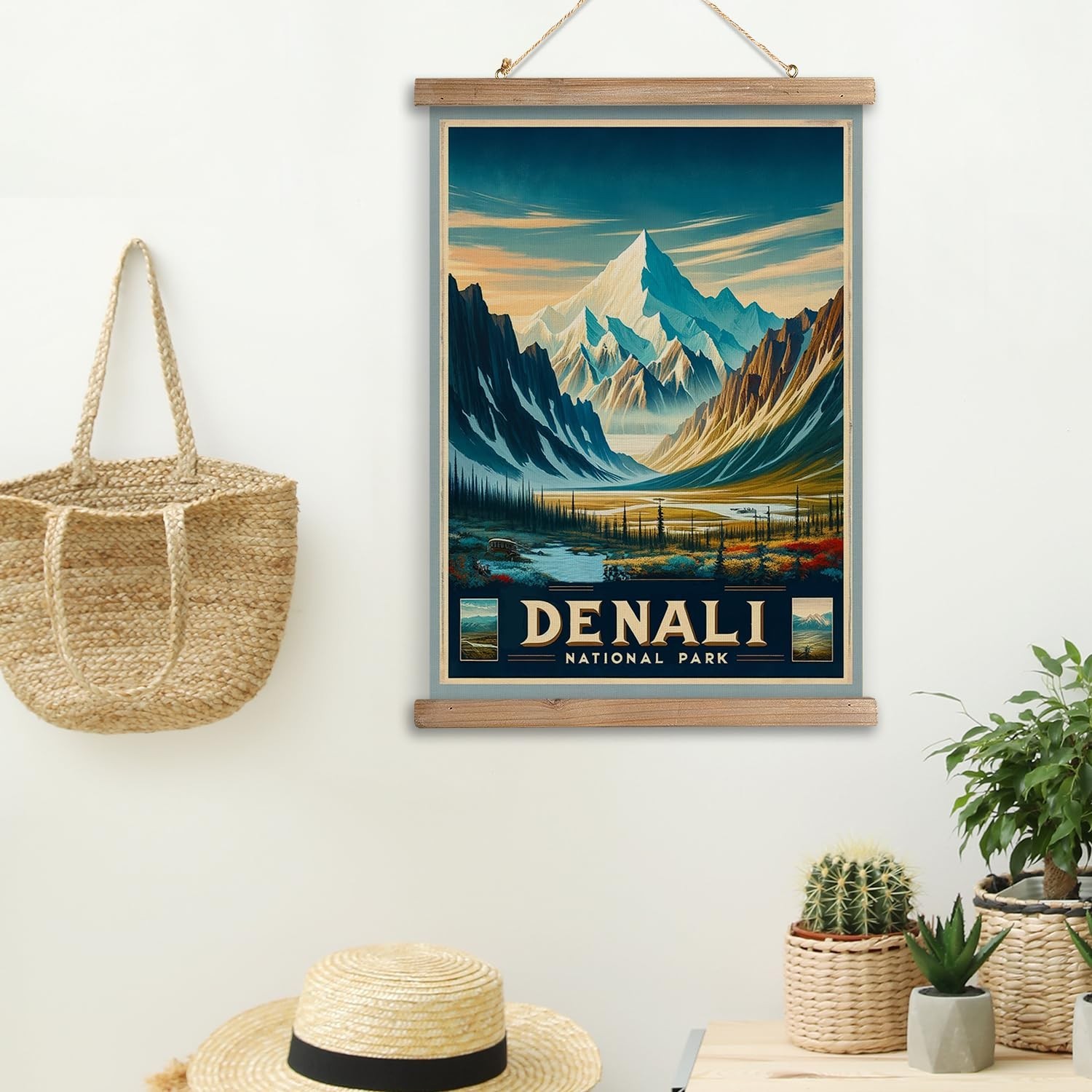 Vintage Denali National Park Travel Poster with Wooden Scroll Frame – Retro Wall
