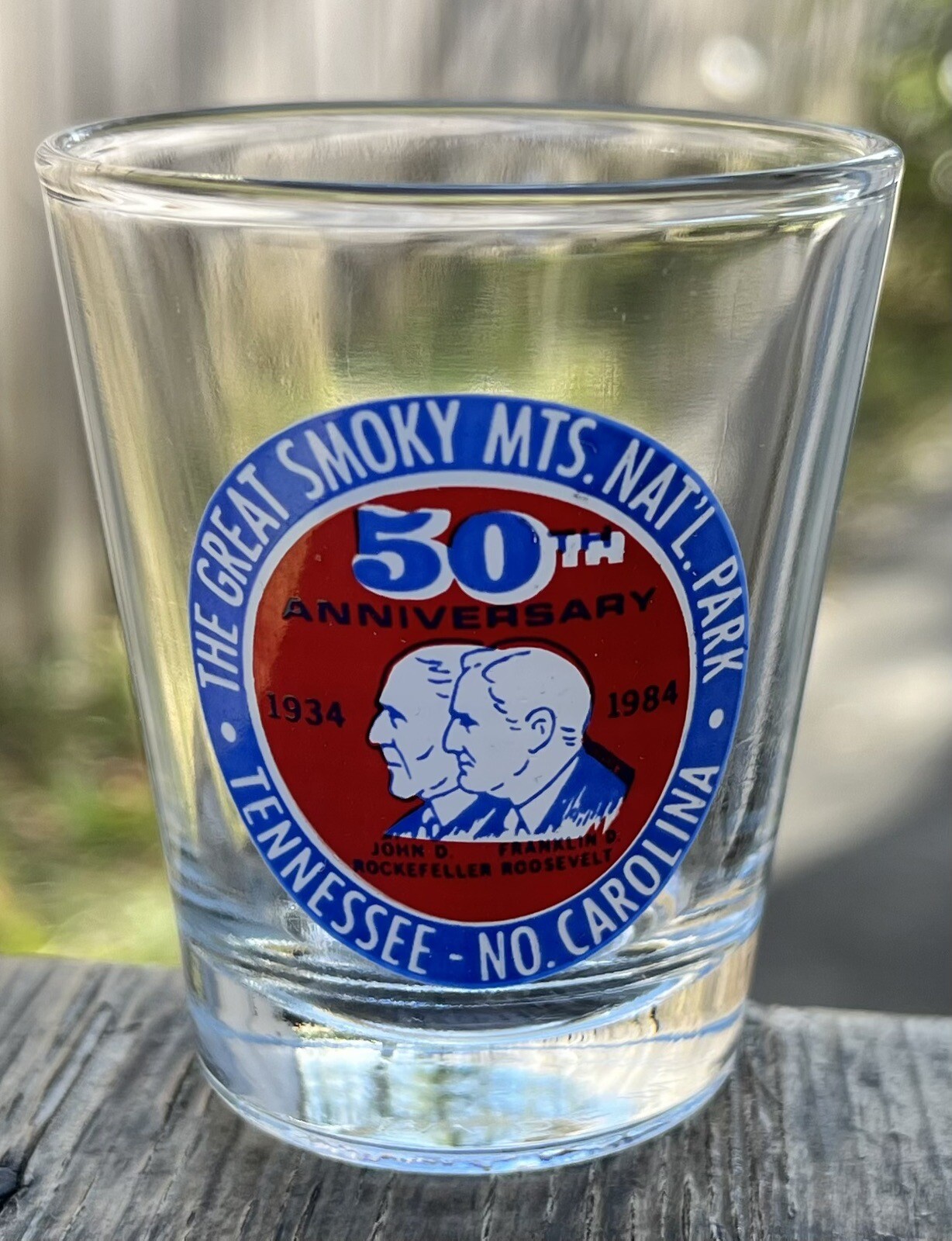 Great Smoky Mountains Nat’l Park 50th Anniversary Shot Glass Vintage 1984 NC TN