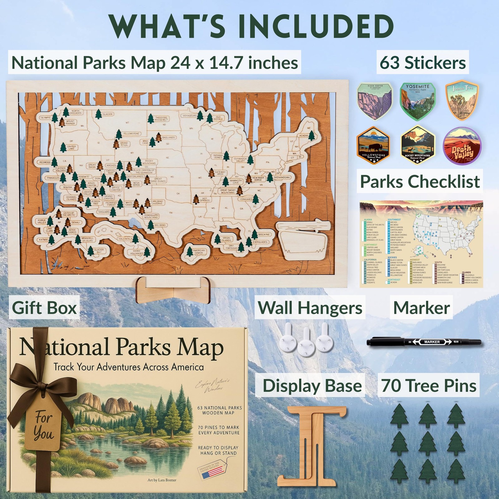 National Parks Map – USA Travel Tracker with Checklist, Pins & Stickers –