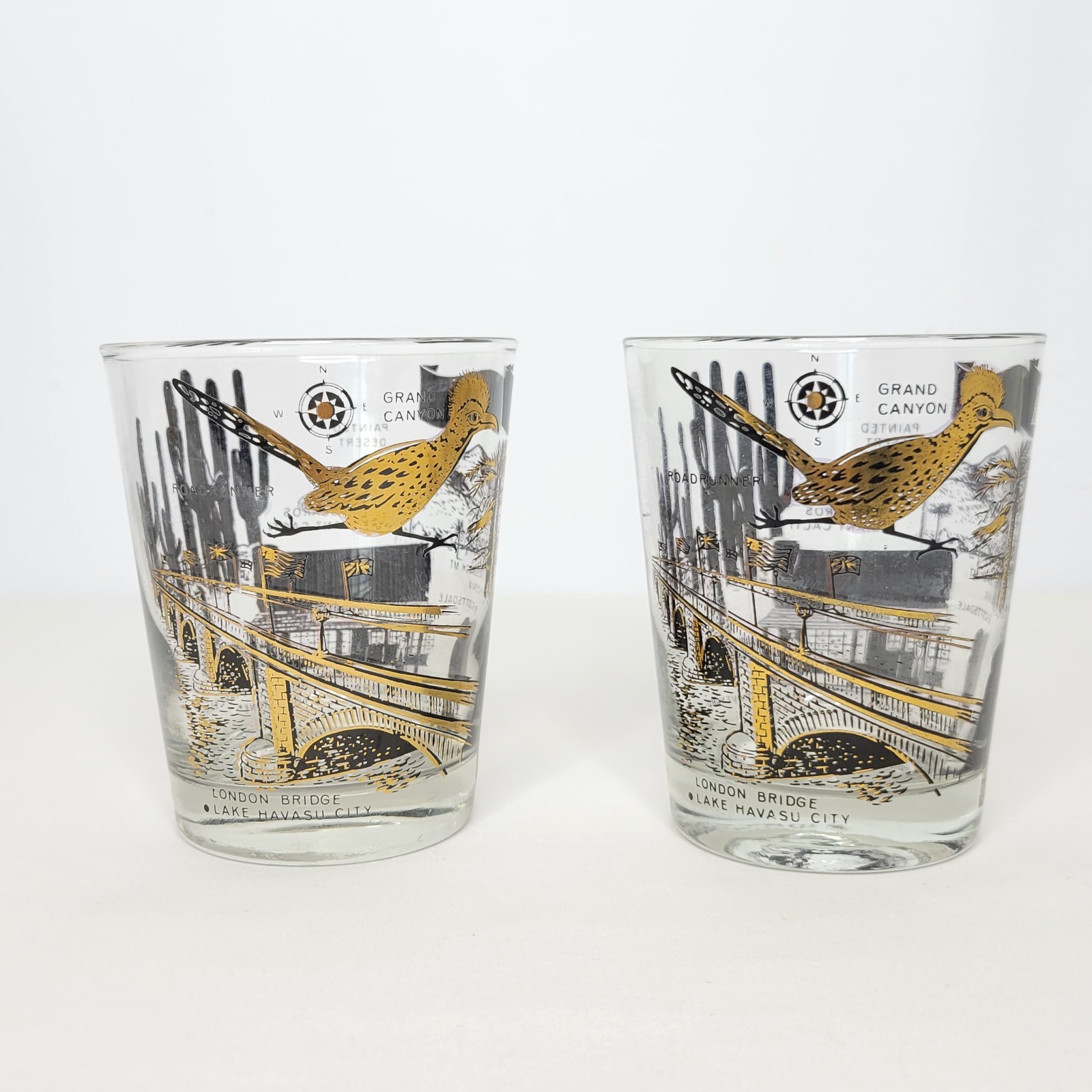 Set of 4 Vintage Mid Century Arizona Parks Low Ball Glasses Black and Gold