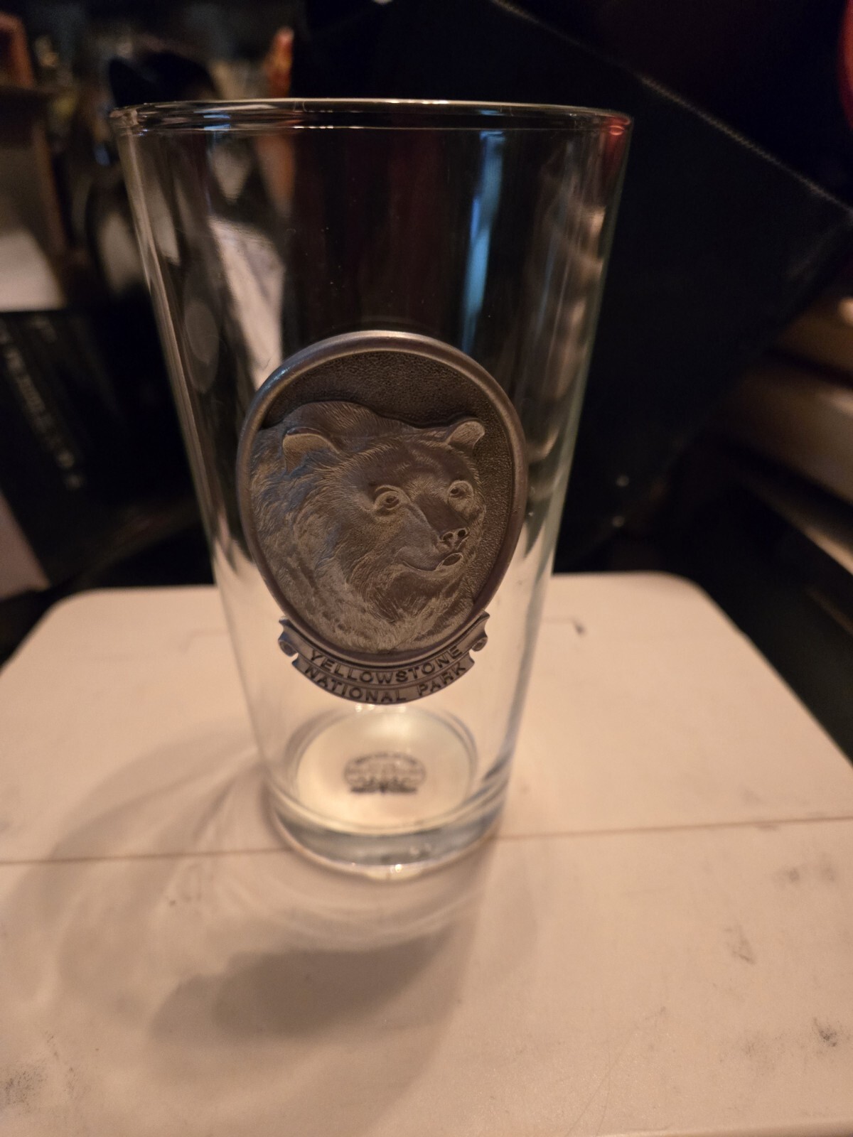 Vintage Yellowstone National Park Pint Glass Heritage Bear Pewter Emblem