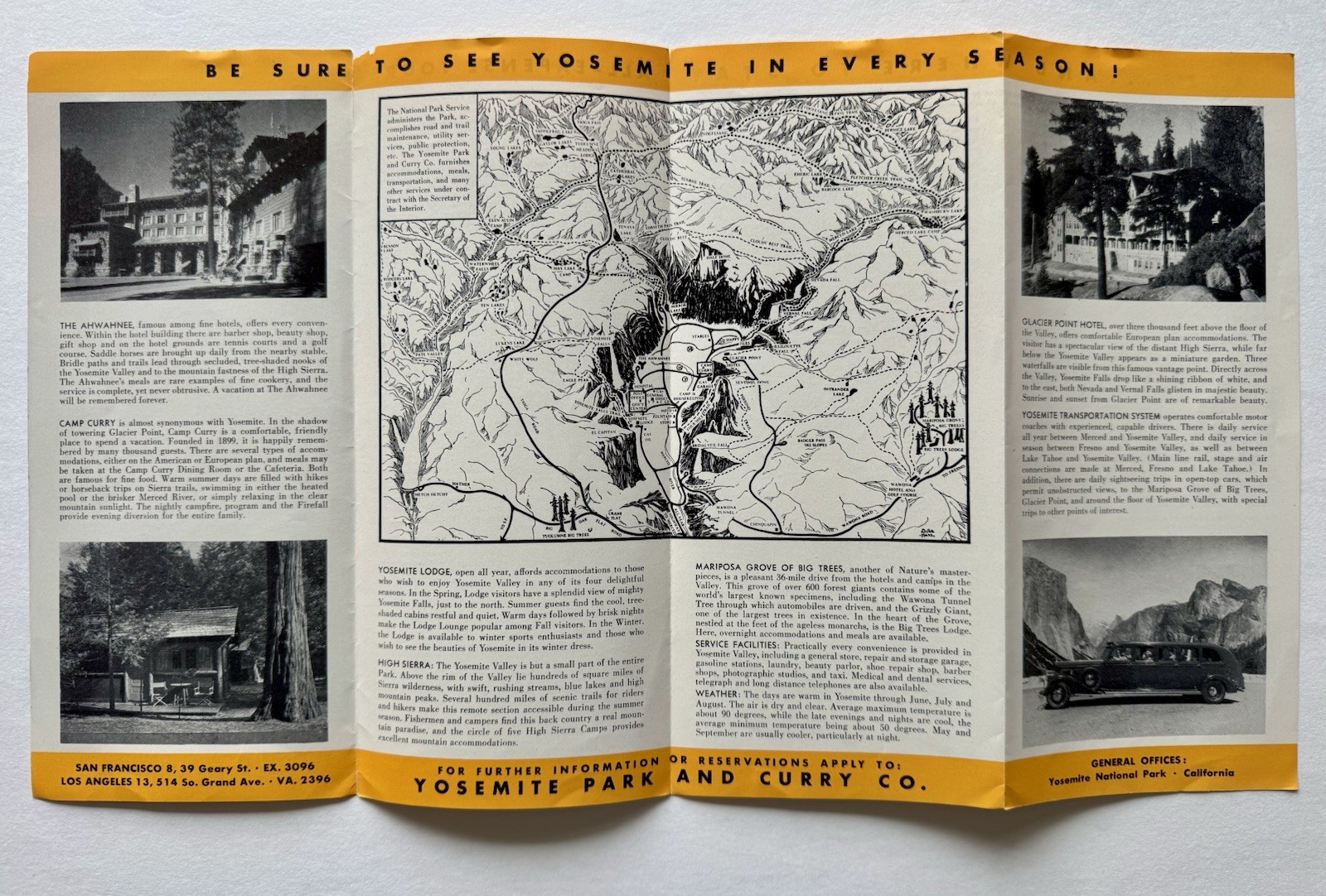 Yosemite 1930-40 Winter Brochure Pamphlet w/room rates tours photos map Yosemite