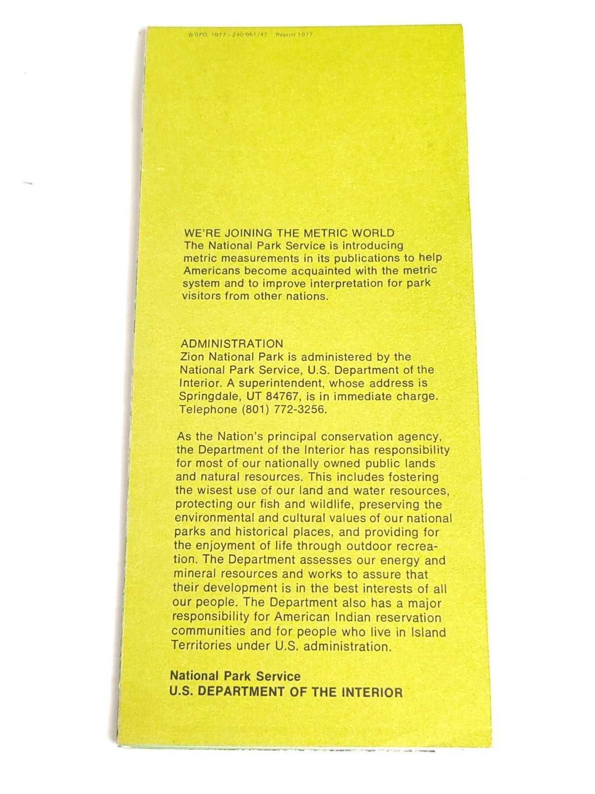 Vintage 1977 Zion National Park Utah Map Info Brochure Pamphlet