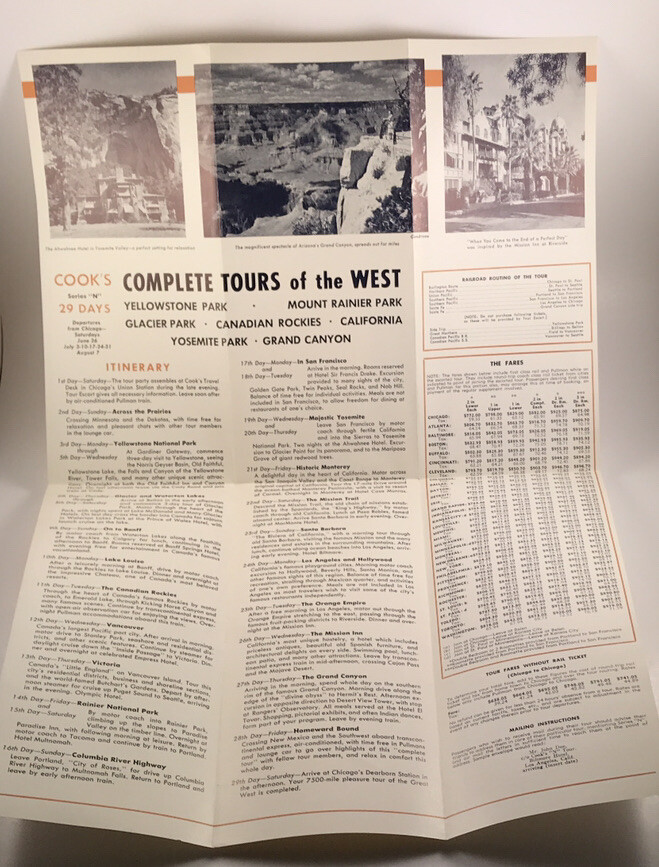 Vintage 1954 Complete Tours of West 6 National Parks Cook’s Tours Foldout