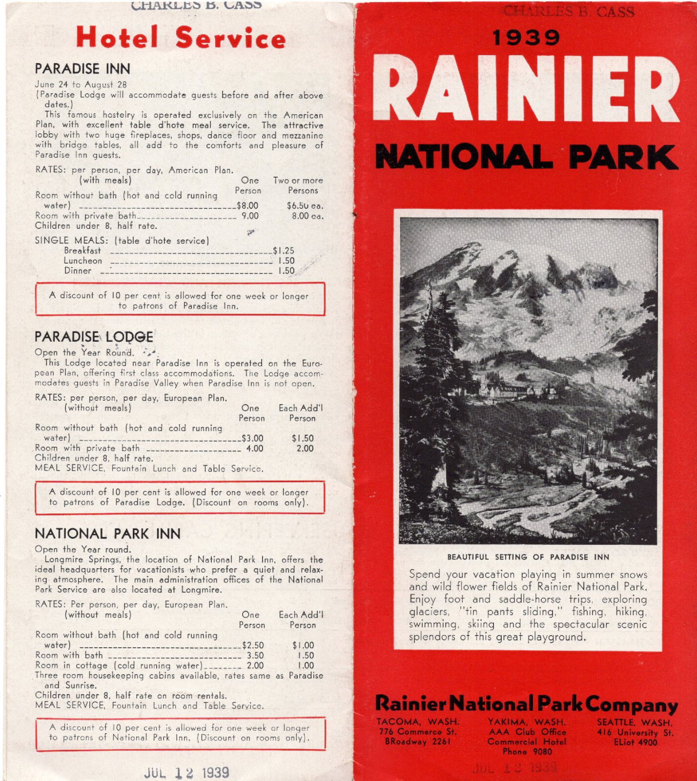 Rainier National Park Vtg 1939 Brochure B&W Photos Map Accommodations Great Info