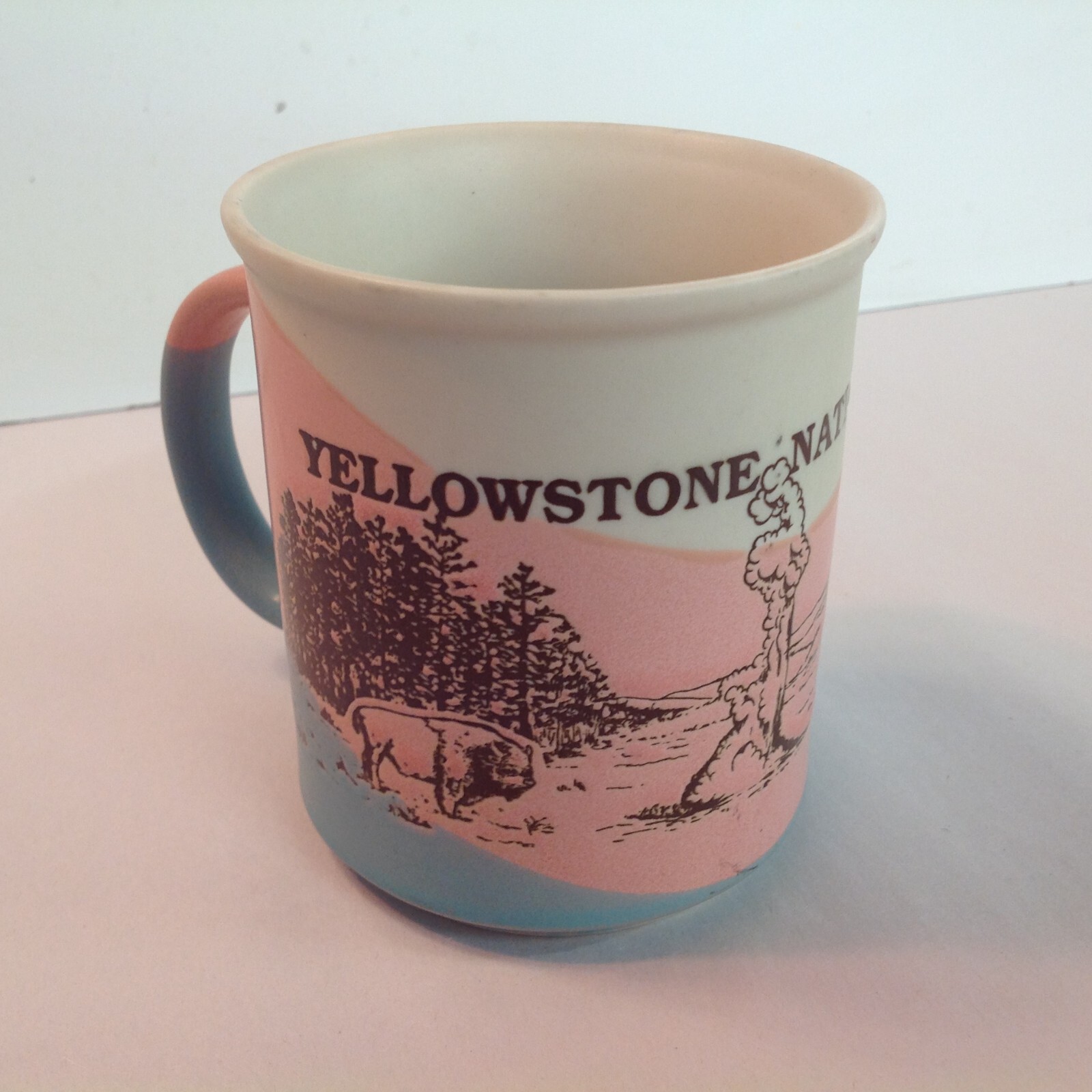 Vintage Souvenir Coffee Mug Yellowstone National Park Pink Blue Cream Buffalo US